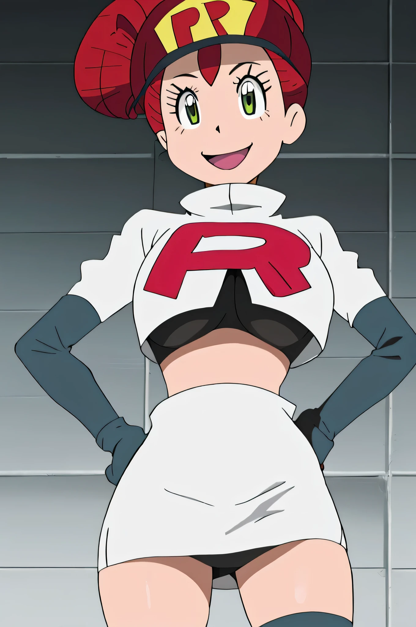 8k, anime screencap,1girl in, (Solo:1.2), (Perfect body:1.1), (Best Quality:1.1), very large breast, hands on hip,team rocket uniform, red letter r, white skirt,white crop top,black thigh-high boots, black elbow gloves, evil smile, looking down at viewer, hands on hips,zettai ryouiki,