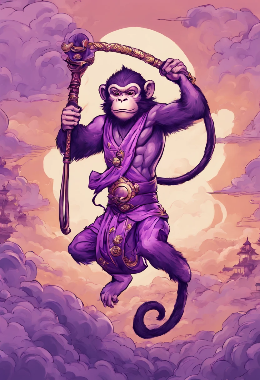 Monkey on purple cloud, fantastical, Sun Wukong style, high quality.