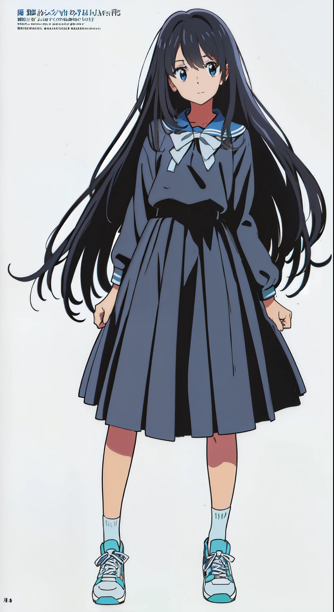 (best quality:1.0), (white background:1.0), (best quality:1.0), (masterpiece:1.0), (super fine illustration:1.0), (beautiful artwork:1.0), (anime screencap:1.0), (official art:1.0), (full body:1.0), (solo:1.0), (a 15yo cute girl:1.0), (long skirt:1.0), (dark blue skirt:1.0), (pleated skirt:1.0), (dark blue sailor uniform:1.0), (long sleeve sailor uniform:1.0), (sneakers:1.0), (white socks:1.0), (ideal ratio body proportions:1.0), (lanky:1.0), (tall:1.0), (slender:1.0), (small breasts:1.0), (smaller face:1.0), (tareme:1.0), (detailed beautiful eyes:1.0), (detailed beautiful face:1.0), (glowing black eyes:1.0), (medium hair:1.0), (black hair:1.0), (standing:1.0), (looking at viewer:1.0)