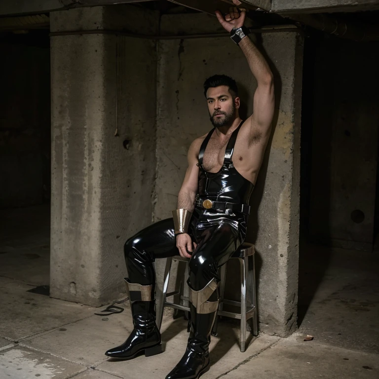 full-body view of one bearded muscular hairy man sitting on a metalic stools in an empty concrete cave, shaved head, shiny black smooth stretched latex pants, latex suspenders, latex harness, cage, black ranger boots