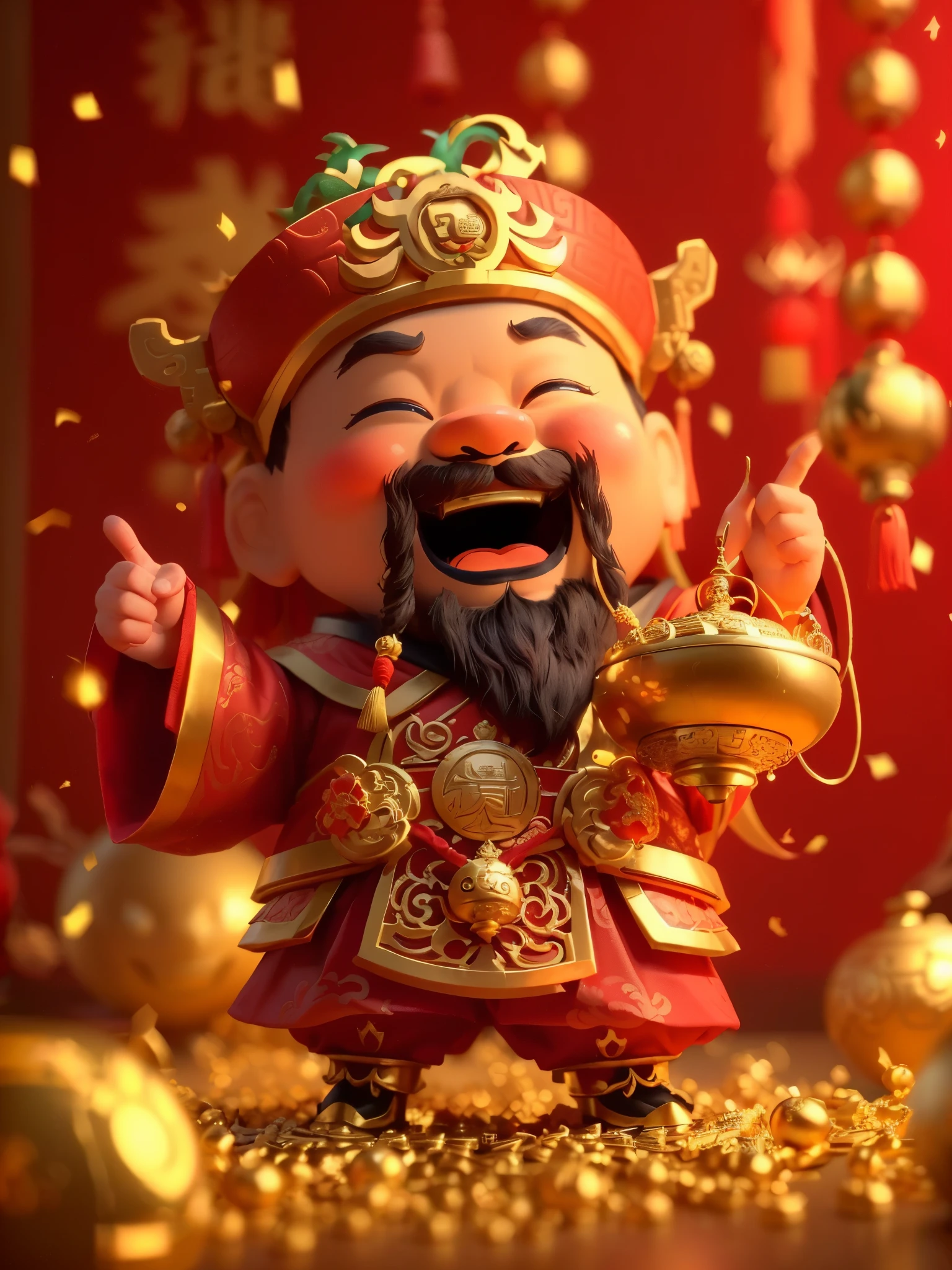 Close up of cartoon character holding golden bowl, god of wealth, CG Social Trends, Inspired by Puhua, Popular topics on cgstation, Inspired by Hu Zaobin, Chinese style, Inspired by Wu Bin, bian lian, He is very happy, Chinese fantasy, flaunting his wealth, 8k highly detailed ❤🔥 🔥 💀 🤖 🚀