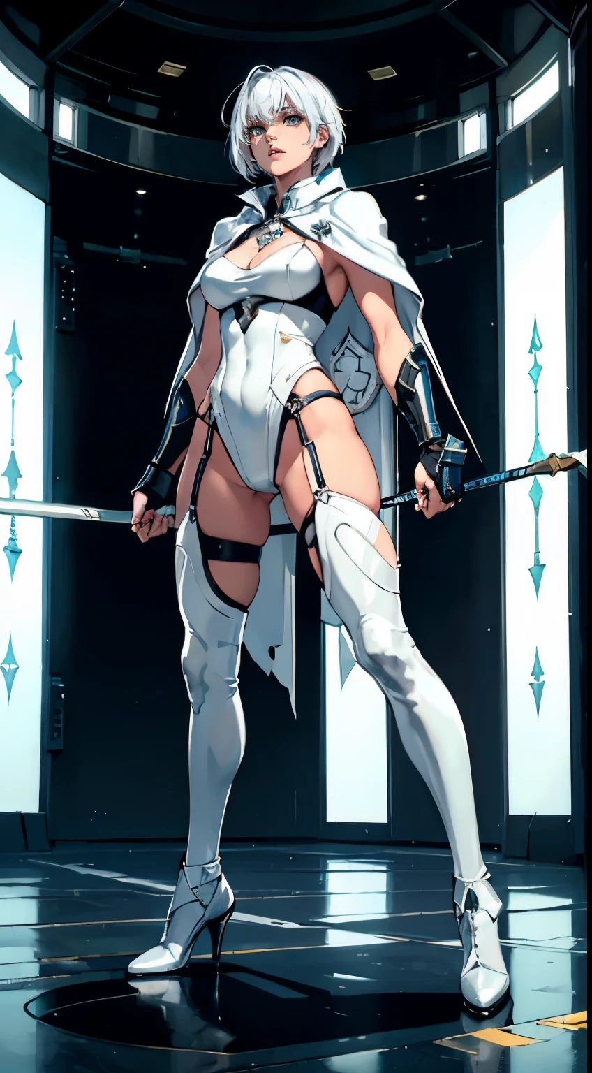 White haired female, short hair, Futuristic Arena SuperBowl, lingerie football league (masterpiece, high quality:1.1) slender frame, magepunk, priestess, lingerie, revealing football, cape, reciever, fighting stance, dynamic pose, 8k, high resolution.