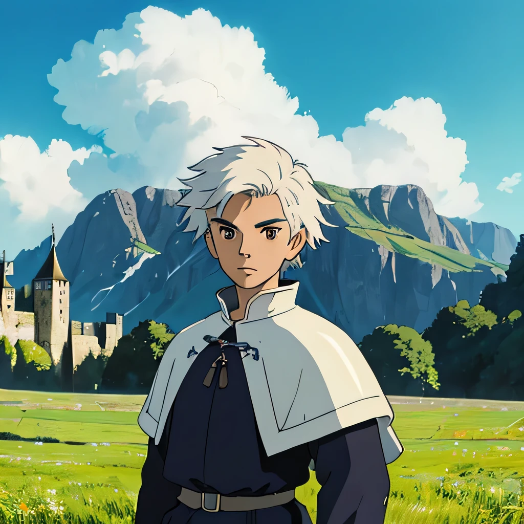 Man, , Teepiky white hair, black eye, white skin, MEDIEVAL CLOTHING, STUDIO GHIBLI STYLE, PORTRAIT, PORTRAIT, MEADOW BACKGROUND WITH CASTLE IN BACKGROUND