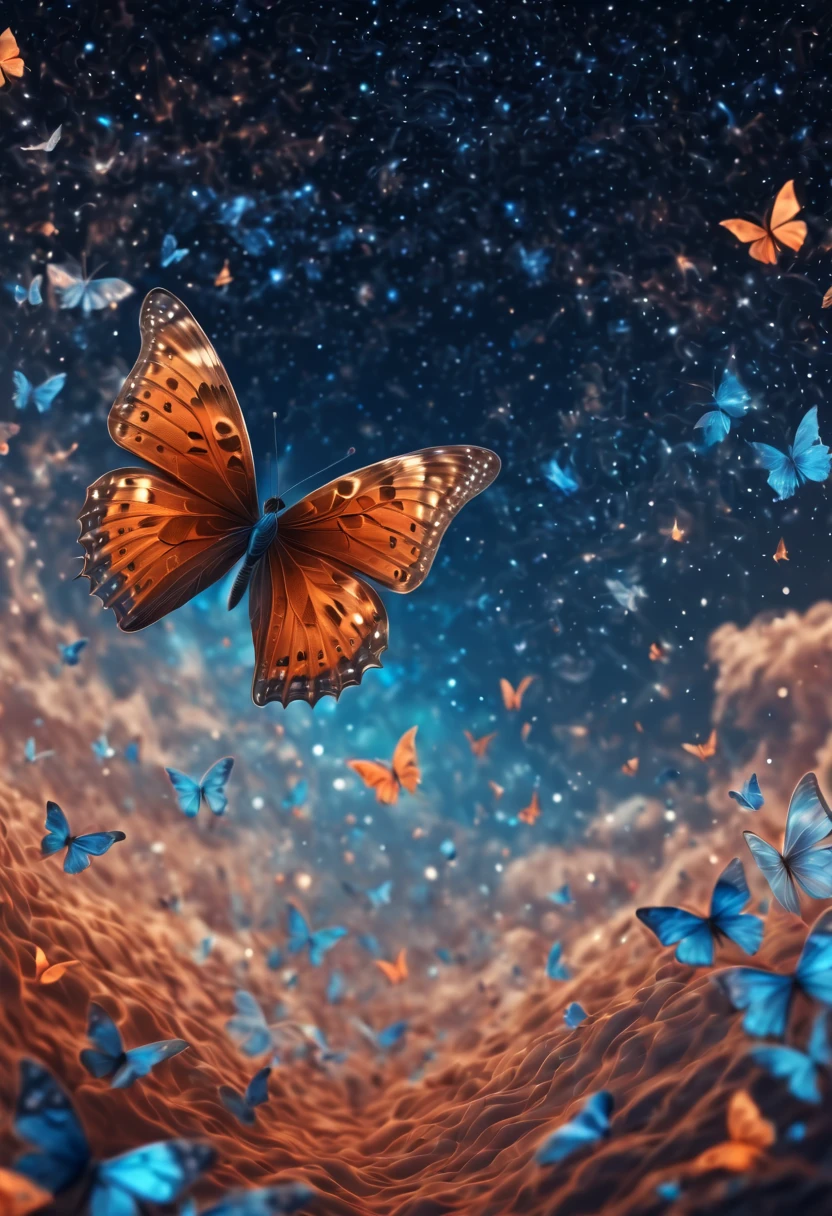 Magical, soft tones, clouds with orange, blue, gray, brown colors, detail, magical butterfly close up, thousand of small silhouettes of magical stars) in the sky like particles flowing in the air, in mars
