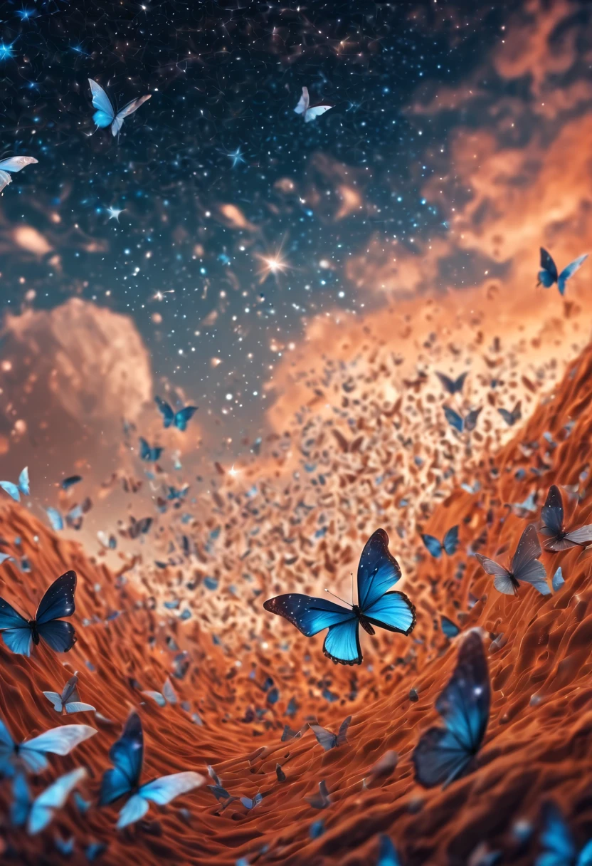 Magical, soft tones, clouds with orange, blue, gray, brown colors, detail, magical butterfly close up, thousand of small silhouettes of magical stars) in the sky like particles flowing in the air, in mars