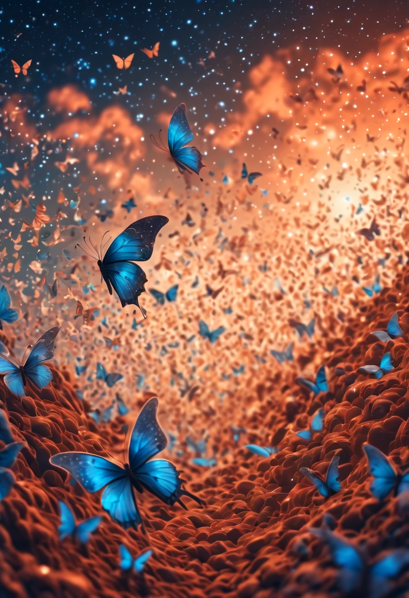 Magical, soft tones, clouds with orange, blue, gray, brown colors, detail, magical butterfly close up, thousand of small silhouettes of magical stars) in the sky like particles flowing in the air, in mars