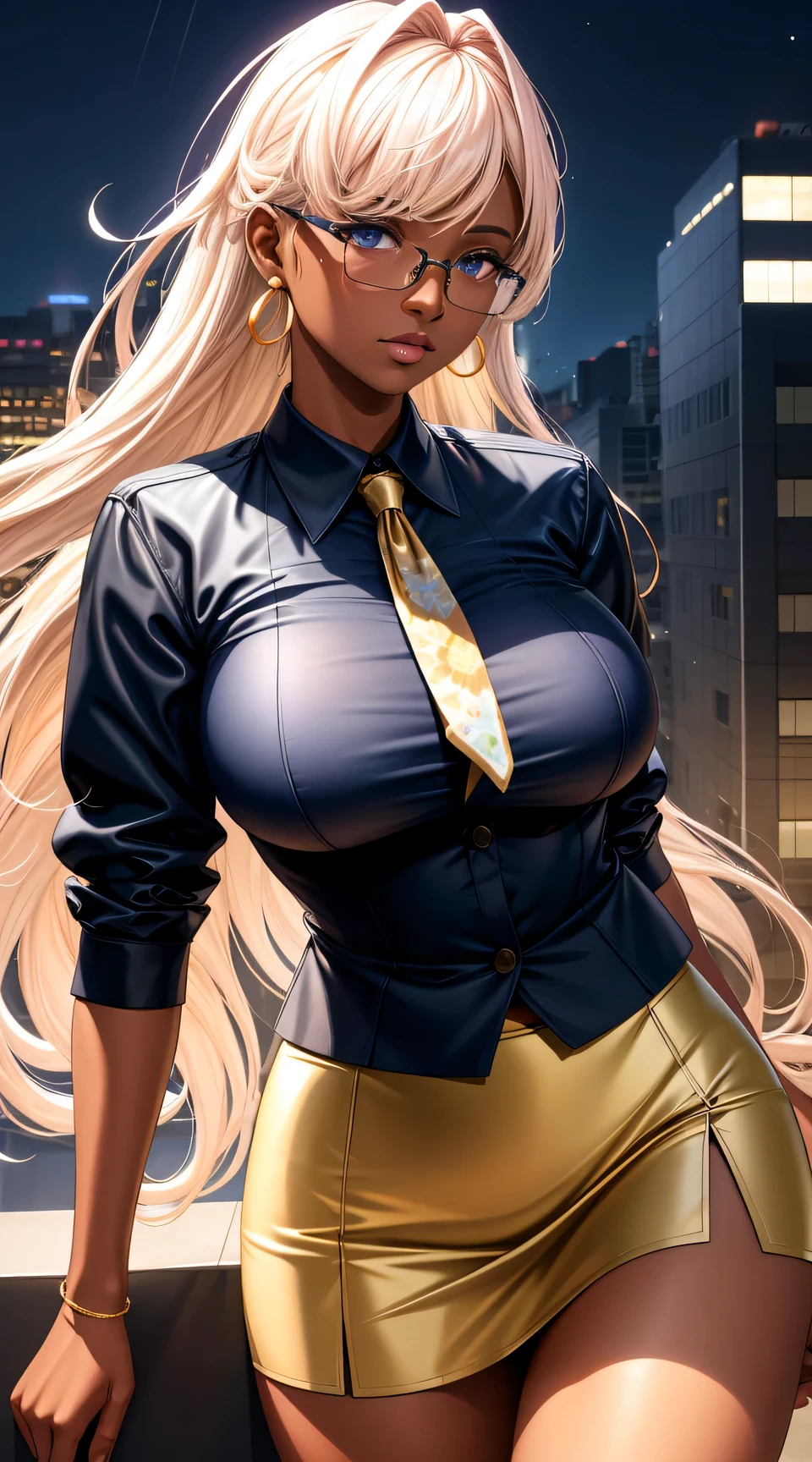 (best quality:1.5, highres, UHD, 4K, detailed lighting, shaders), gold floral haired, gradient hair, large breasts, suit, maid cafee shirt, social shirt, short skirt, mature woman with glasses , (pov), white background, colorful eyeshadow, dramatic lighting, sparkling eyes, sensual expression, golden earrings, flowing hair, delicate facial features, dark skin, high cheekbones, urban setting, white background, dont look for the camera, lean forward,  behind  the camera