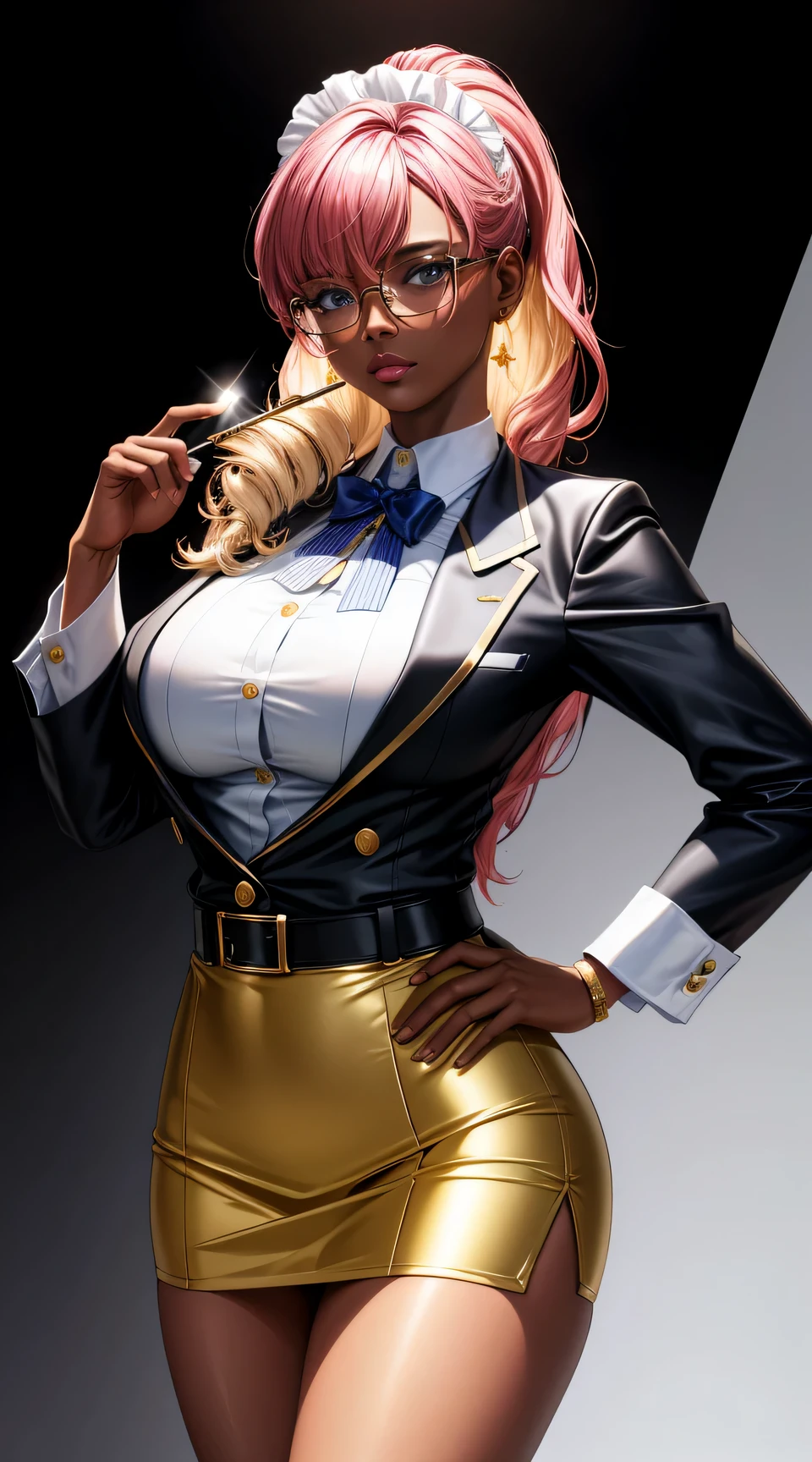 (best quality:1.5, highres, UHD, 4K, detailed lighting, shaders), gold floral haired, gradient hair, large breasts, suit, maid cafee shirt, social shirt, short skirt, mature woman with glasses , (pov), white background, colorful eyeshadow, dramatic lighting, sparkling eyes, sensual expression, golden earrings, flowing hair, delicate facial features, dark skin, high cheekbones, urban setting, white background, dont look for the camera, lean forward, behind the camera
