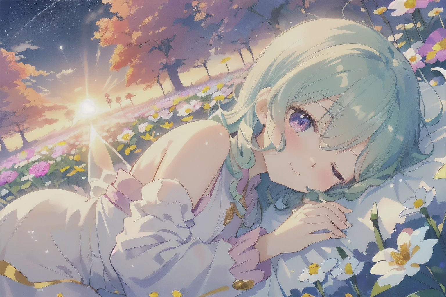 best quality, ultra detailed, hyper detailed, beautiful, insanely detailed, Full-HD, 16K, absurdres, field of flowers, cute fairly, (happy, glad), delightful, blissful, smiling, lying on back, ((lying down)), (((体の周りを薔薇の花と花びらに囲まれている:1.8)))making a heart with fingers, looking at viewer, wave hair, long hair, 白く輝く大きな妖精の羽,aqua hair, purple eyes, eyes closed, fair skin, ,(((キラキラ輝くふわふわレイヤードボールガウンドレス,フラワーとリボンとレース飾り:1.1))) , 薔薇の花,花吹雪,in the field of flowers, surrounded by stars, at sunrise, kawaii, fantasy, light atmosphere, dreamy atmosphere, romantic atmosphere, fairy academia, romantic academia, soft-edged, upper body, from front, aerial view, golden ratio, sunrise, soft lighting, light colors, bright colors,