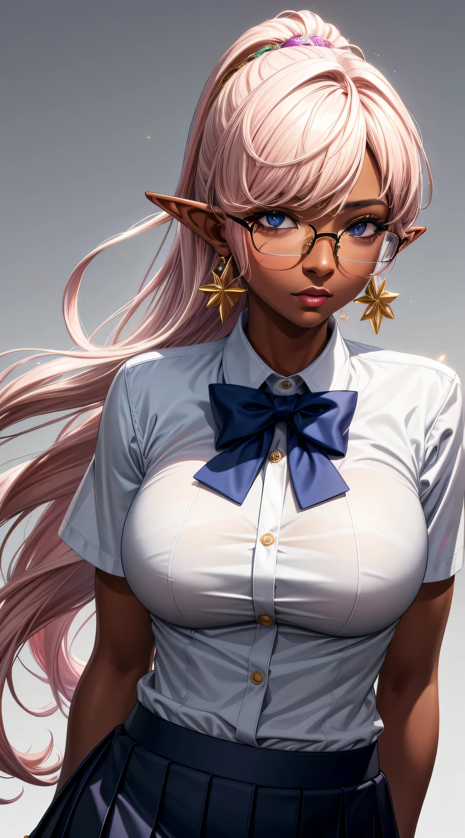 (best quality:1.5, highres, UHD, 4K, detailed lighting, shaders), gold floral haired, gradient hair, large breasts, suit, school shirt, short school skirt, elf mature woman , with glasses (pov), white background, colorful eyeshadow, dramatic lighting, sparkling eyes, sensual expression, golden earrings, flowing hair, delicate facial features, dark skin, high cheekbones, urban setting, white background, dont look for the camera, lean forward, behind the camera