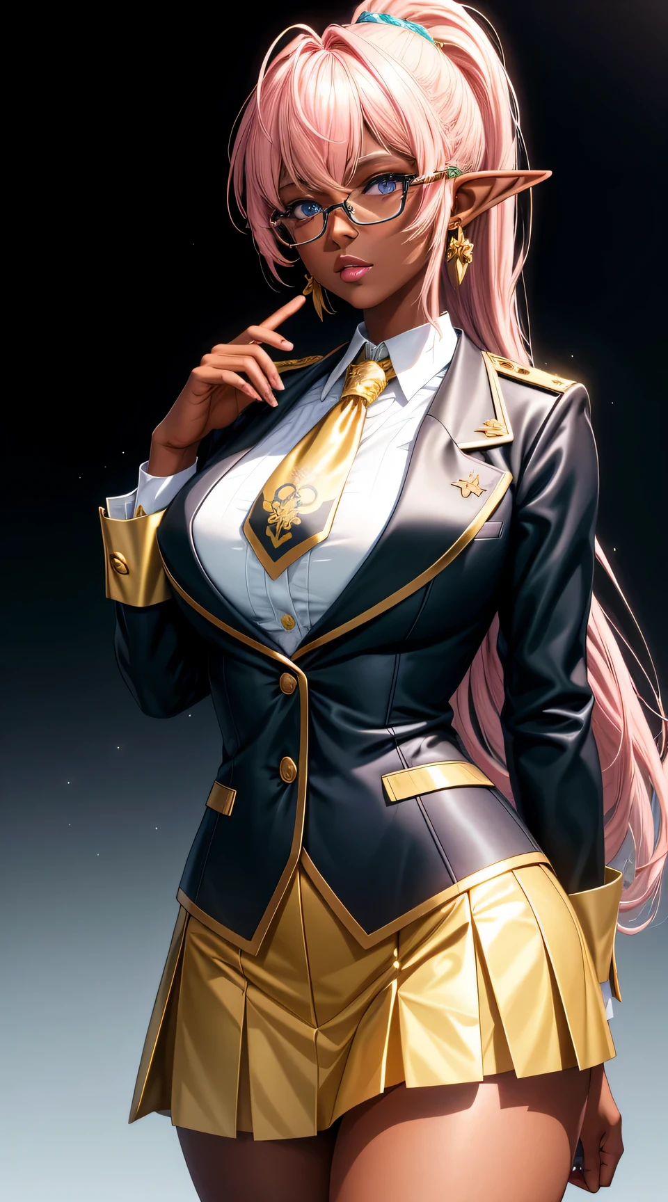 (best quality:1.5, highres, UHD, 4K, detailed lighting, shaders), gold floral haired, gradient hair, large breasts, suit, school shirt, short school skirt, elf mature woman , with glasses (pov), white background, colorful eyeshadow, dramatic lighting, sparkling eyes, sensual expression, golden earrings, flowing hair, delicate facial features, dark skin, high cheekbones, urban setting, white background, dont look for the camera, lean forward, behind the camera