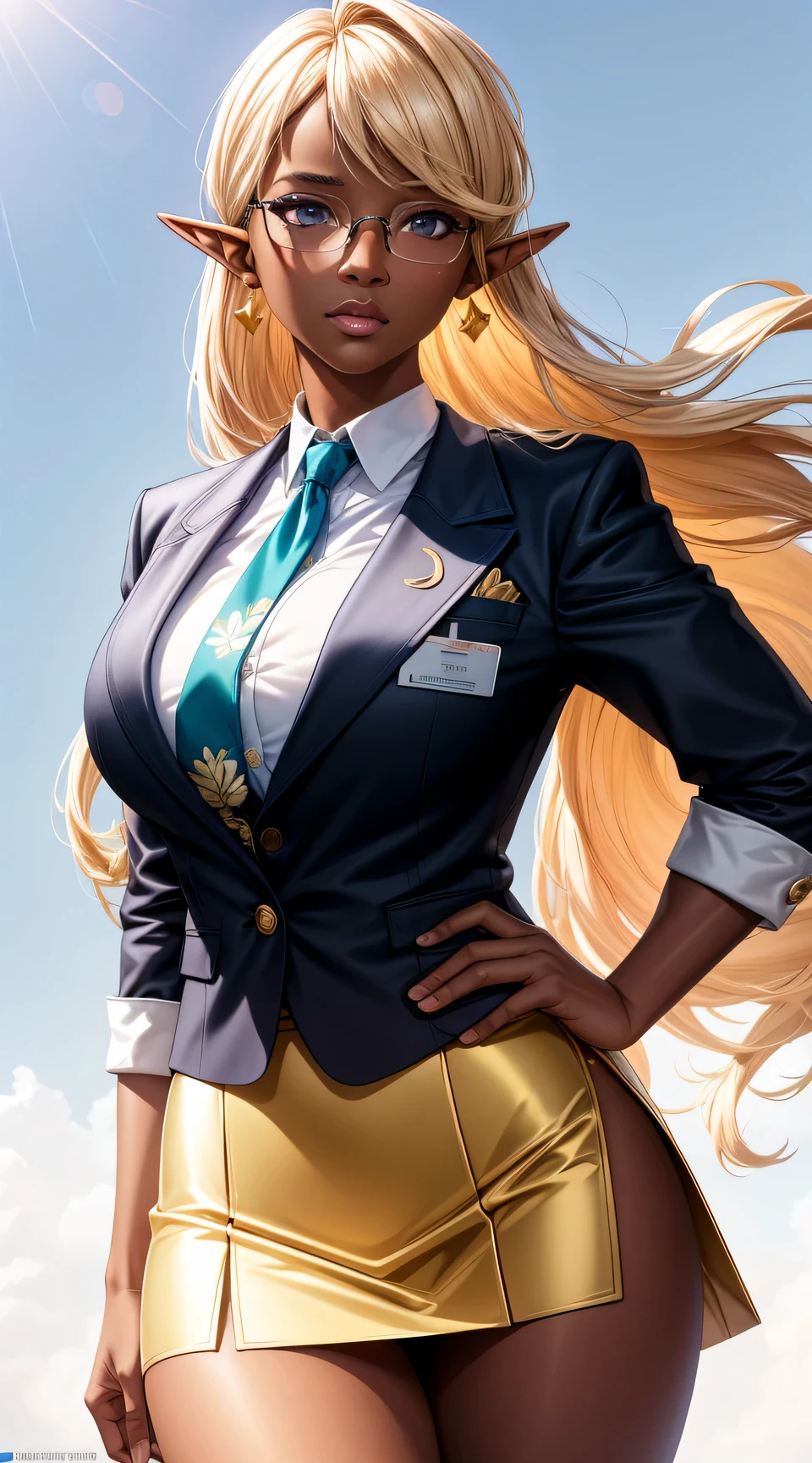 (best quality:1.5, highres, UHD, 4K, detailed lighting, shaders), gold floral haired, gradient hair, large breasts, suit, school shirt, short school skirt, elf mature woman , with glasses (pov), white background, colorful eyeshadow, dramatic lighting, sparkling eyes, sensual expression, golden earrings, flowing hair, delicate facial features, dark skin, high cheekbones, urban setting, white background, dont look for the camera, lean forward, behind the camera