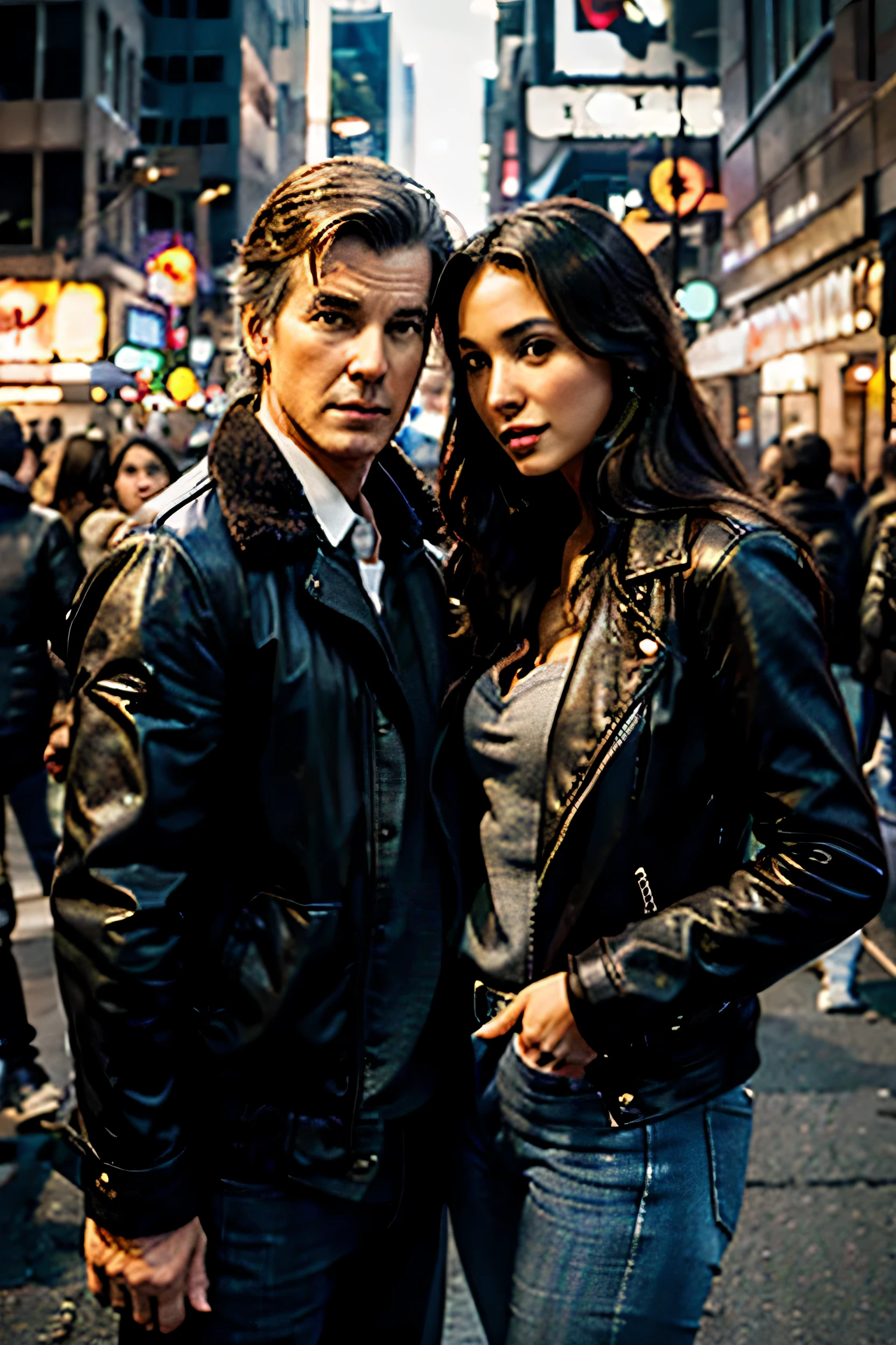 una pareja, Girl and boy, hiperrealista , CONTEXTO CIBERPUNK, CHICA CON EL PELO APRETADO, BOY WITH THE FACE OF PIERCE BROSNAN, GAL GADOT GIRL FACE, BOY WITH LEATHER JACKET