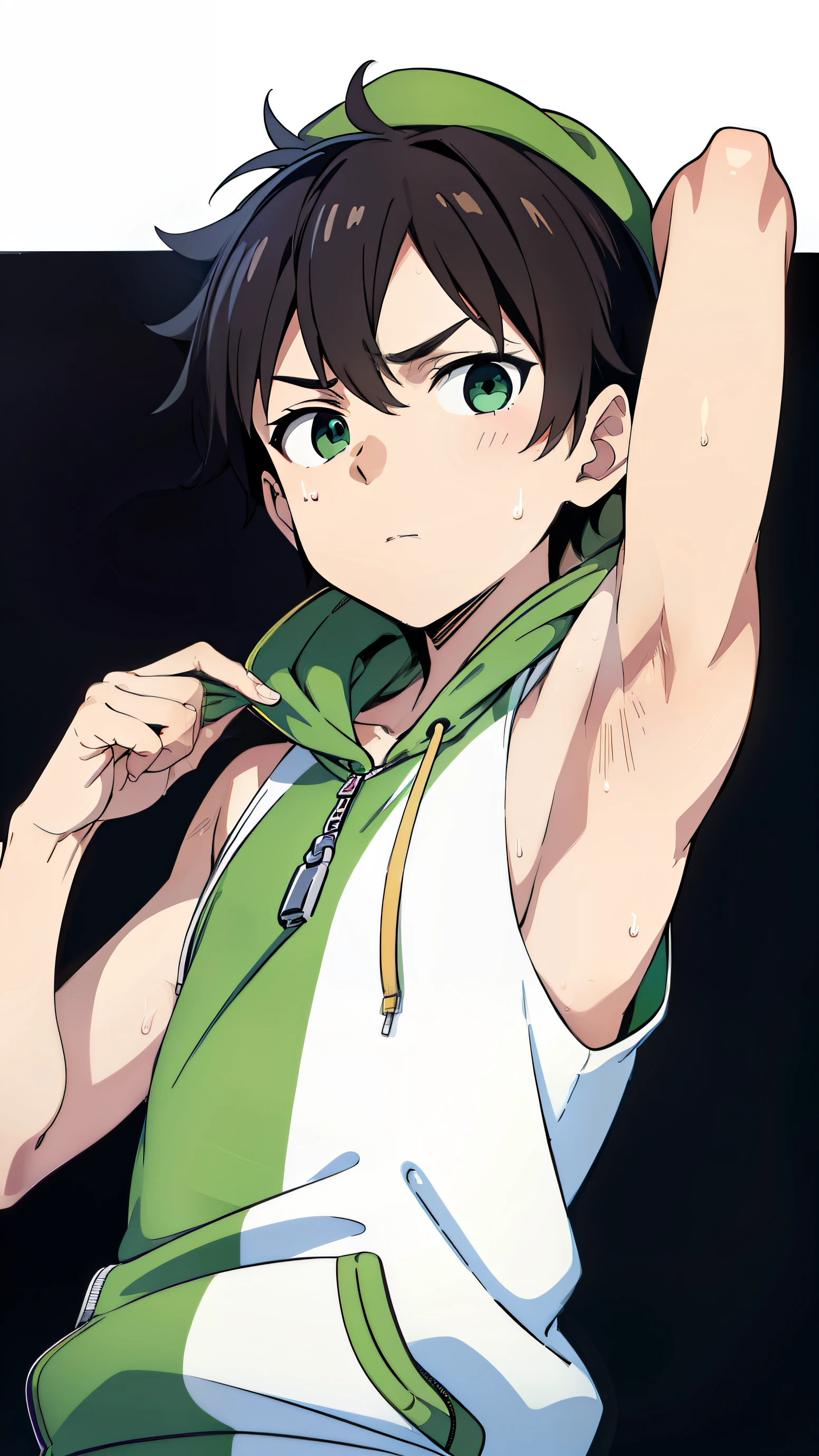Highres, Masterpiece, Best quality at best,Best Quality,hight quality, hight detailed, 1boy, Shota, White hoodie with green stripes, Wearing cap, The hoodie is sleeveless and has an open zipper, (very small and short stature), (very young boy), (very small and short body), s, (Showing armpit:1.3), hansome, Sweat, Simple beckground