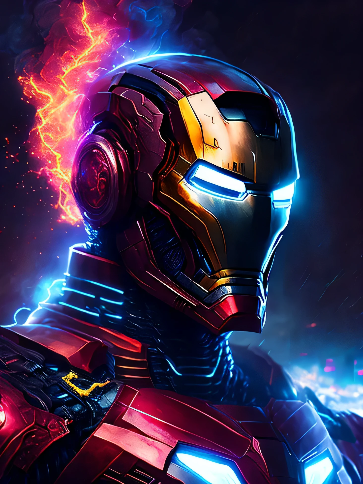 retrato sombrio de Daemon Iron Man da Marvel, extremamente detalhado, paisagem urbana futurista, night time, glowing neon lights, smoke, sparks, aparas de metal, detritos voadores, efeitos de energia vermelha, volumetric light