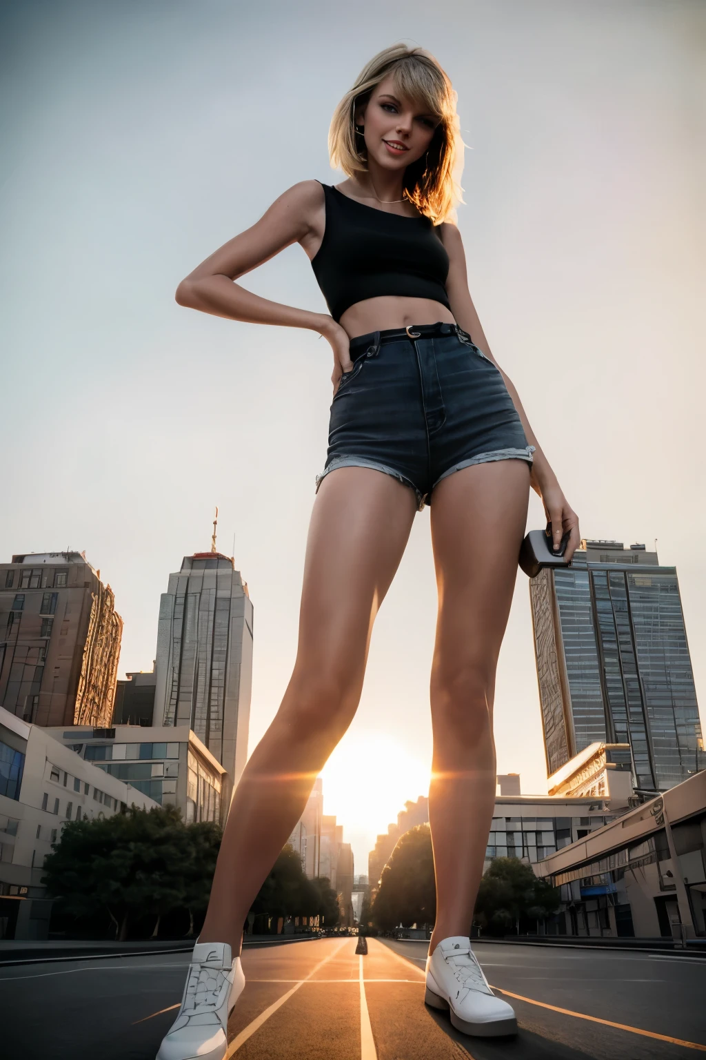 masterpiece, best quality, hyperrealistic, cinematic photo, Taylor-Swift, smooth skin, amazing slim body, large legs, wide hips, perfect hands, beautiful face, perfect face, youthful, smile, (blured background), modern style, from below, (low-angle shoot), low_angle_human, standing on small miniature city, full body shot, (view viewer), looking at viewer, front footage, (8k, epic composition, photorealistic, sharp focus), sophisticated background, Small miniature city, sunset, DSLR, foil grain