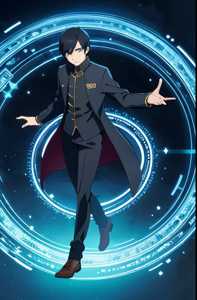 masterpiece, best quality, illustration, 1boy, solo, black spiky hair, blue-eyes, with magical circle in his under feet, full body
