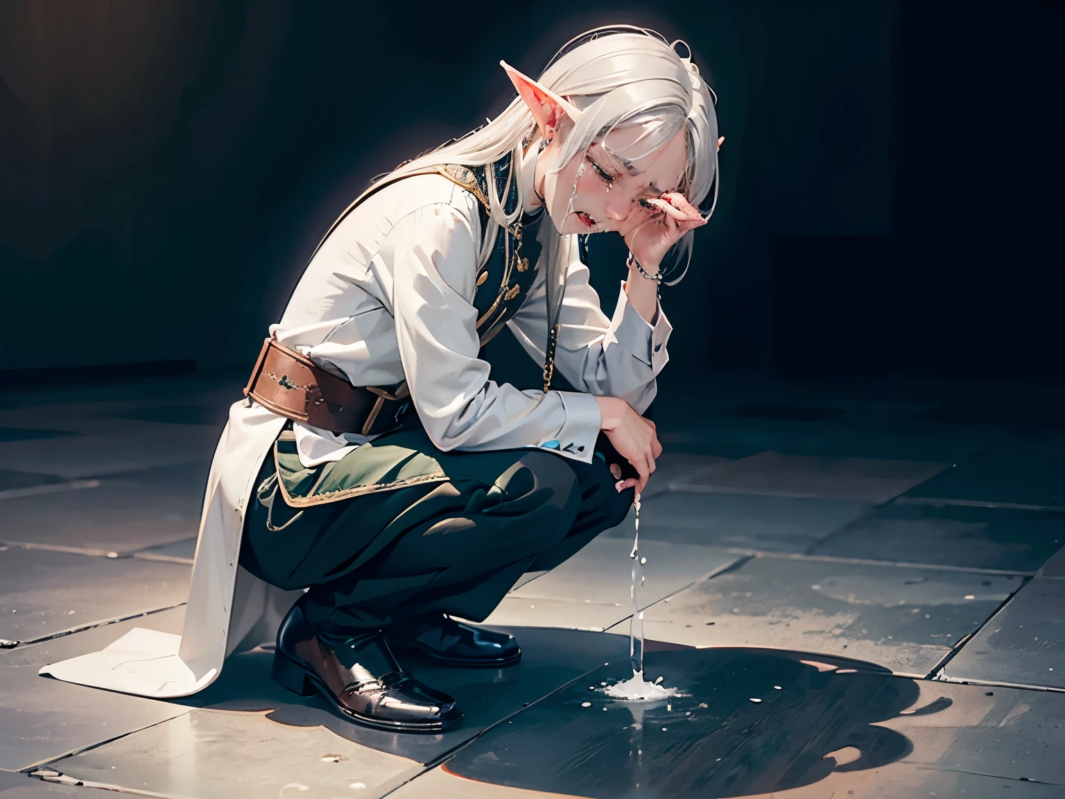 1man, ((Old)), elf, silver hair, kneeling, (((crying))),