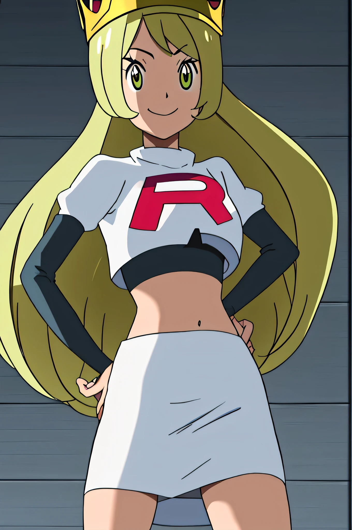 8k, anime screencap,1girl in, (Solo:1.2), (Perfect body:1.1), (Best Quality:1.1), very large breast, hands on hip,team rocket uniform, red letter r, white skirt,white crop top,black thigh-high boots, black elbow gloves, evil smile, looking down at viewer, hands on hips,zettai ryouiki, Celine, crown