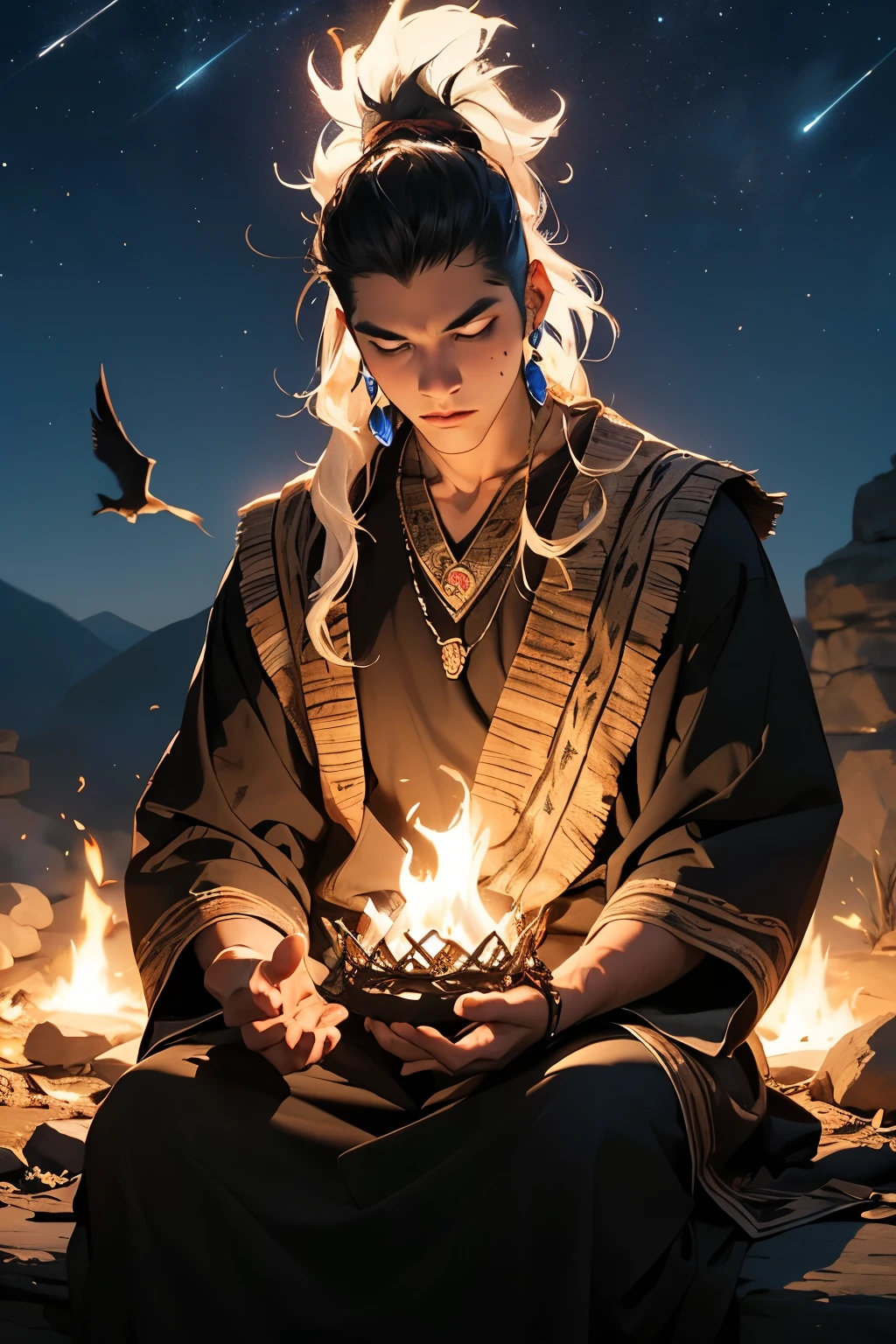 (a young shaman man by the bonfire,ravens,dynamics,night),realistic,highres,ultra-detailed,shamanistic art,fire lit,ethereal atmosphere,vibrant colors,nighttime ambiance,beautifully rendered facial features,long flowing hair,mysterious aura,elaborate ritual clothing,spellbinding movements,spiritual connection with nature,shadows and highlights adding depth and drama,scattered feathers adding texture and symbolism,mystical energy emanating from the shaman,starlit sky creating a sense of awe and wonder.