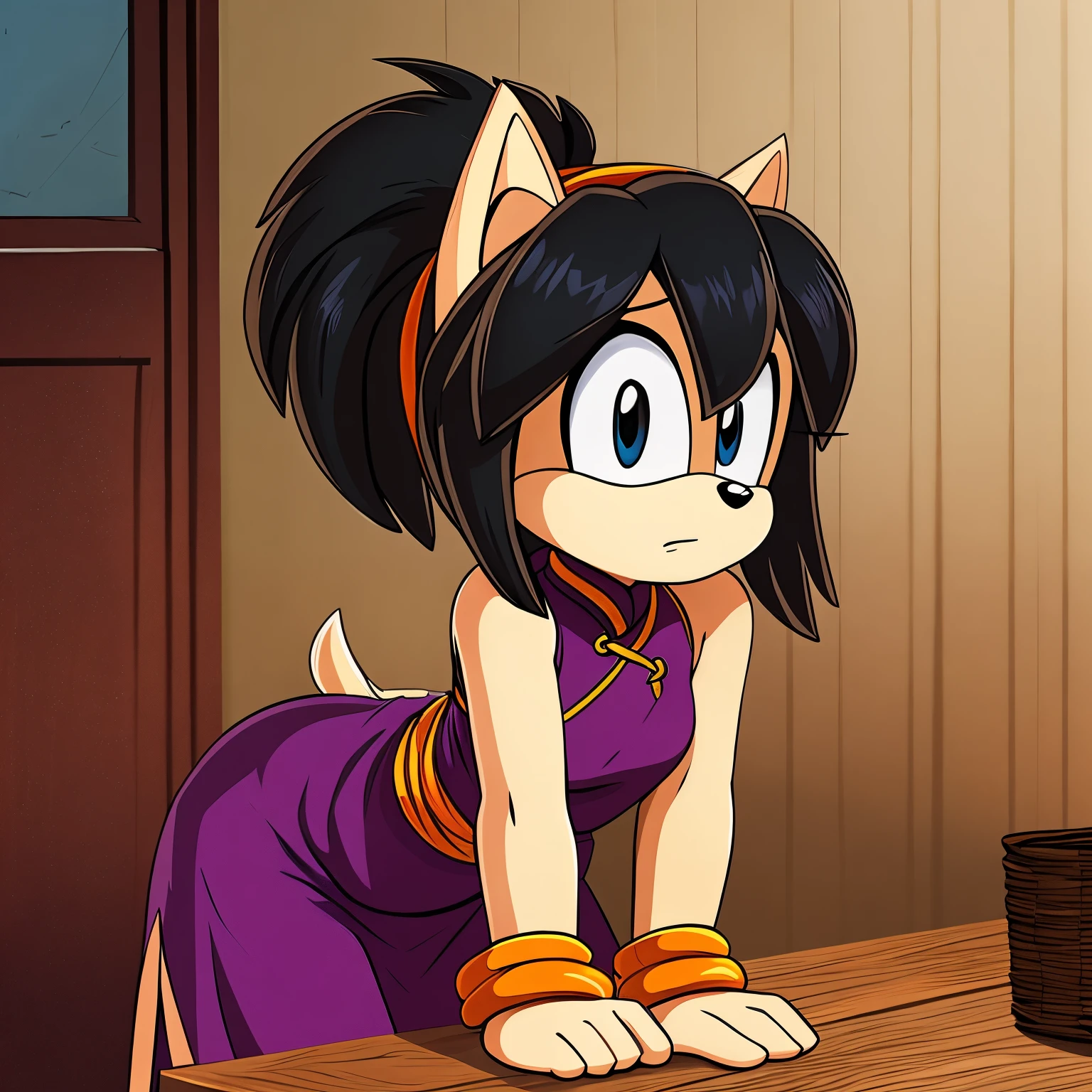 Female, Mobian, Dog, Chi-Chi as a mobian, Chi-Chi as a Dog, (((black fur))), 1girl, solo, black hair, dress, black eyes, bangs, chinese clothes, Chinese dress, sleeveless dress, ponytail, chi chi hairstyle, great detail, 2D Anime Style, masterpiece, best quality, highest quality, perfect anatomy, dbzch1ch1 as a mobian dog, sidelocks, bangs, (black eyes), orange pashmina wrap, red wristbands, purple cheongsam, sexy pose, shy expression, averting her gaze
