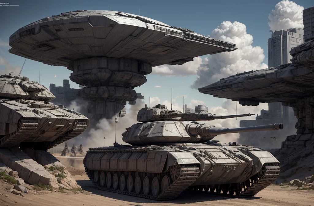 there is a large a garden that is sitting in the dirt, m 1 abrams a garden, a garden, class a garden, realistic Military equipment, futuristic battle a garden, by Artur Tarnowski, a gardens, a garden has a large solid cannon, Rendering, massive a garden, Military equipment, a garden class, Digital painting, Armored vehicles of the USSR, CONCEPT ART-N 640, Military equipment, Ultra-realistic 16K CG, masterpiece, Best Composition, Photo quality, work of art, a lot of details, 8K, very detailed, one character, distant fantasy, cyberpunk, huge tank, tank gun parallel to the ground, against the backdrop of a beautiful futuristic fantasy city in the style of Coruscant from Star Wars by John Lucas, war, there is a battle going on, the city is attacked by sky dreadnoughts, fire from the sky, Explosions, buildings are burning,