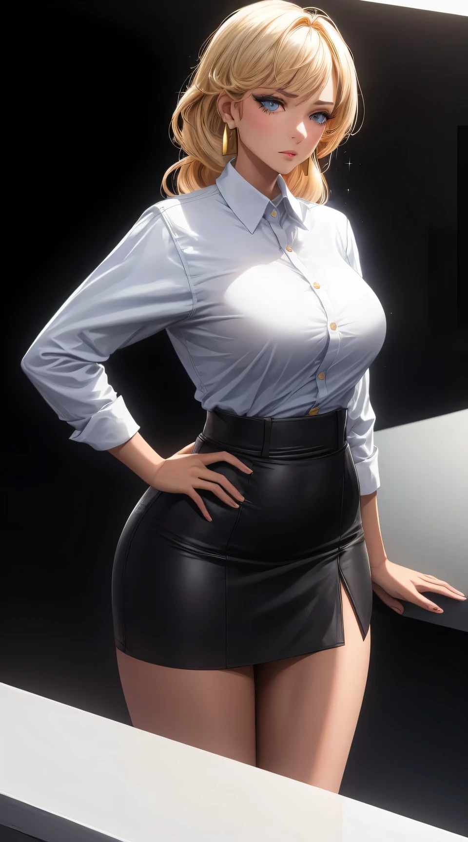 (best quality:1.5, highres, UHD, 4K, detailed lighting, shaders), gold floral haired, gradient hair, large breasts, suit, gray shirt, social shirt, short skirt, mature woman , (pov), white background, colorful eyeshadow, dramatic lighting, sparkling eyes, sensual expression, golden earrings, flowing hair, delicate facial features, dark skin, high cheekbones, urban setting, white background, dont look for the camera, lean forward,  behind  the camera