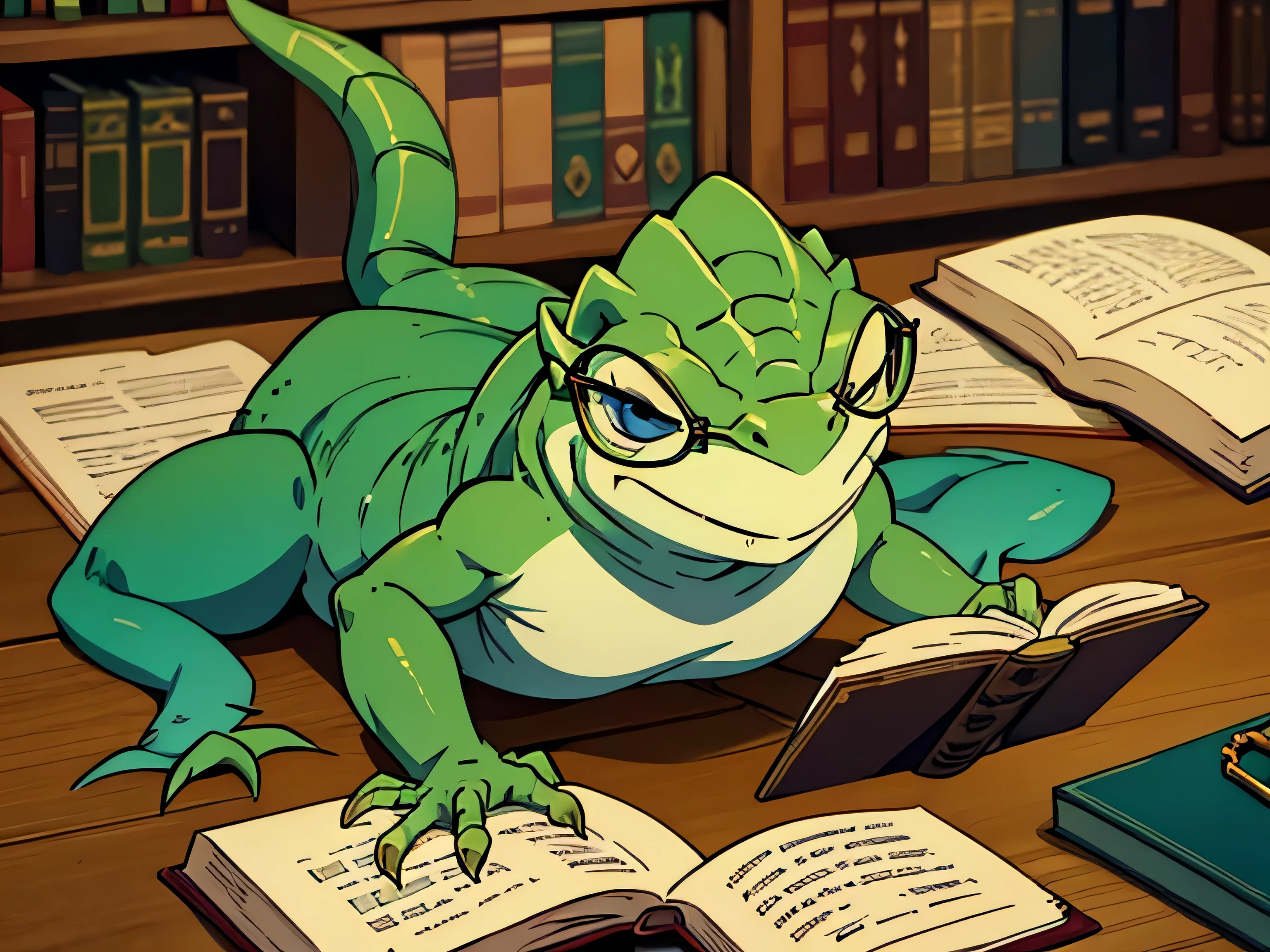 ley del lagarto, lagartija con gafas leyendo un libro de leyes, sonriente, estilo animado