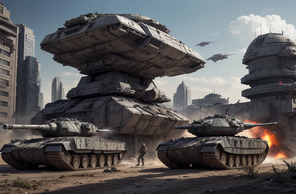 there is a large a garden that is sitting in the dirt, m 1 abrams a garden, a garden, class a garden, realistic Military equipment, futuristic battle a garden, by Artur Tarnowski, a gardens, a garden has a large solid cannon, Rendering, massive a garden, Military equipment, a garden class, Digital painting, Armored vehicles of the USSR, CONCEPT ART-N 640, Military equipment, Ultra-realistic 16K CG, masterpiece, Best Composition, Photo quality, work of art, a lot of details, 8K, very detailed, one character, distant fantasy, cyberpunk, huge tank, tank gun parallel to the ground, against the backdrop of a beautiful futuristic fantasy city in the style of Coruscant from Star Wars by John Lucas, war, there is a battle going on, the city is attacked by sky dreadnoughts, fire from the sky, Explosions, buildings are burning,