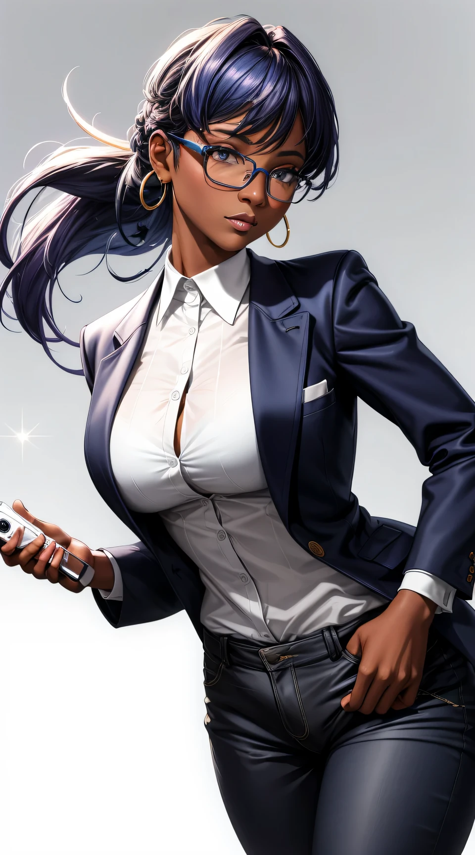 (best quality:1.5, highres, UHD, 4K, detailed lighting, shaders), blue floral haired, gradient hair, large breasts, suit, gray shirt, social shirt, short pants, mature woman with glasses, (pov), white background, colorful eyeshadow, dramatic lighting, sparkling eyes, sensual expression, golden earrings, flowing hair, delicate facial features, dark skin, high cheekbones, urban setting, white background, dont look for the camera, lean forward, ( pose : behind the camera)