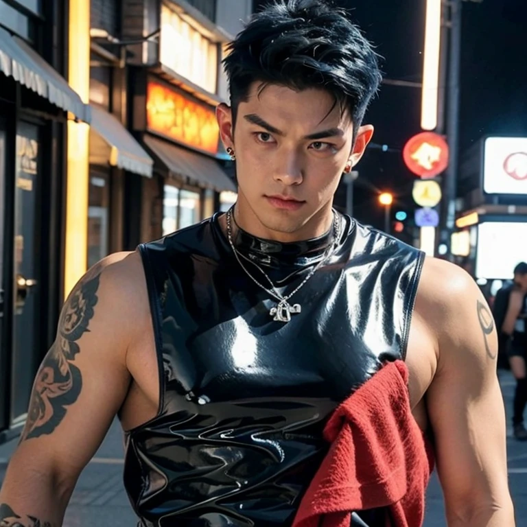 Japanese man, perfect figure, handsome, big muscles, blue hair, wearing a black latex leather shirt, pierced ears, tattoos, stainless steel jewelry, charming, sexy, late night city area, bright lights from shops.