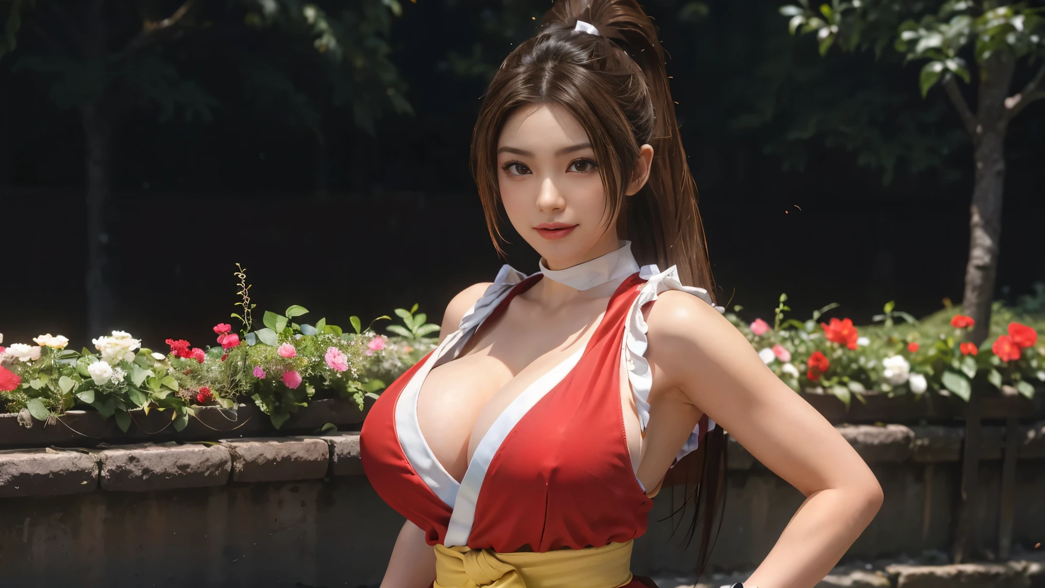 Mai Shiranui, brown eyes, Japanese beauty，Smilelong hair, brown hair, (red clothes:1.3)，super huge breasts， sleeveless, ponytail, pelvic curtain, arm guards, Gloves, or，full的胸部， seductiveexpression, Sexy eyes, huge breasts, Smile, Lovely, view viewer, long hair, (breasts focus:1.2), (actual:1.2), (Panorama: 1.2), (realism), (masterpiece:1.2), (best quality), (Super detailed), (8k, 4K, complex), (85mm), light particles, light, (Very detailed:1.2), (Detailed face:1.2), (Gradient), SFV, rich and colorful, flowers(delicate eyes:1.2), (solid color background: 1.2),(Detailed background), (dynamic angle:1.2), (dynamic poses:1.2), (Line of action:1.2), Wide-angle lens, huge breasts，Big breasts，crowd，full，happy smile，full的，Stylish，cute