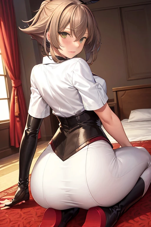 top Quality, masterpiece, ultra detailed, distinct, Beautiful expression, Eyes and faces with detailed, 8k, breath, balance and coordination in all things, (1girl,solo:1.2), standing,, looking back, full body, on back, (riding shirt, riding breeches:1.3), (busty:0.5), mature, curvy, narrow waist, brown_hair, short_hair, green_eyes, hair_between_eyes,, blush,(seductive smile:0.2), close mouth, in hotel, carpet,ass, mutsu_kantaicollection