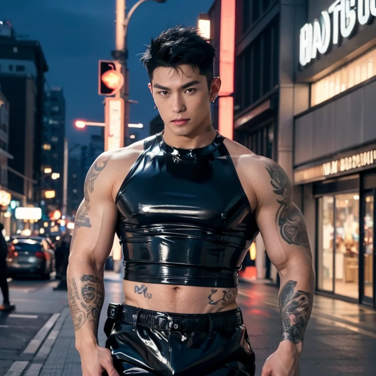 Japanese man, perfect figure, handsome, big muscles, blue hair, wearing a black latex leather shirt, pierced ears, tattoos, stainless steel jewelry, charming, sexy, late night city area, bright lights from shops. 16k resolution , ultra-high clarity , hyperrealism , ultra hd picture , uhd , dynamic pose , sexy , nsfw , eroticism