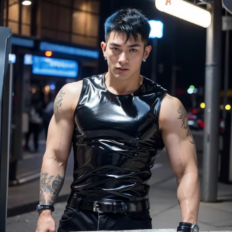 Japanese man, perfect figure, handsome, big muscles, blue hair, wearing a black latex leather shirt, pierced ears, tattoos, stainless steel jewelry, charming, sexy, late night city area, bright lights from shops.16k resolution , ultra-high clarity , hyperrealism , ultra hd picture , uhd , dynamic pose , sexy , nsfw , eroticism