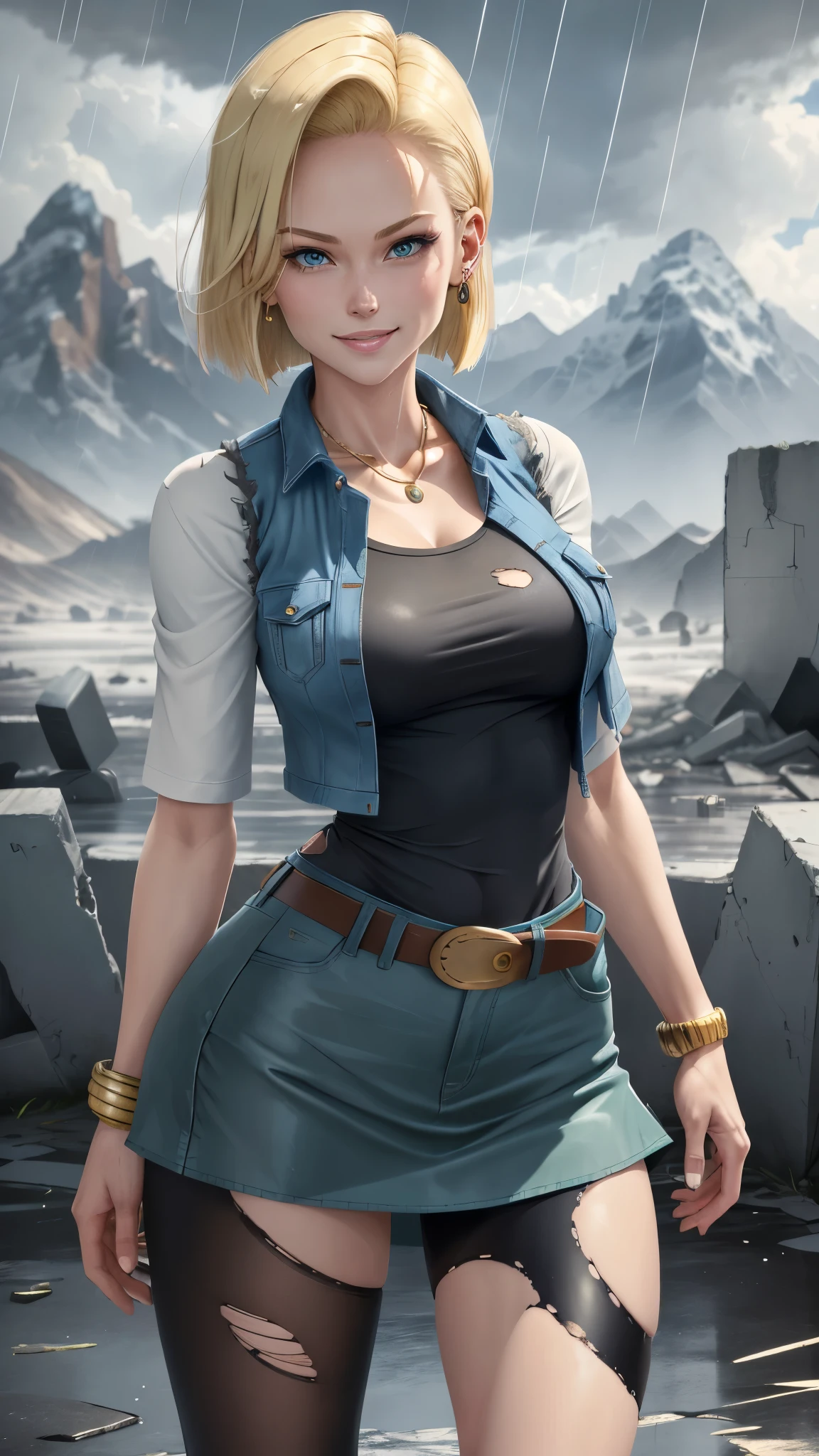 best quality, highres, and18, 1girl, android 18, solo girl, 1girl, blonde hair, blue eyes, belt, tight blue demin skirt, gold_necklace, black shirt, short hair, long white sleeves, earrings, open vest, denim vest, medium breasts, cowboy shot, mountains, straight-on, (weather: raining and windy), wet body, sexy smile, combat stance, full length pantyhose, battle ruins, wide hips, thick legs, torn clothes,