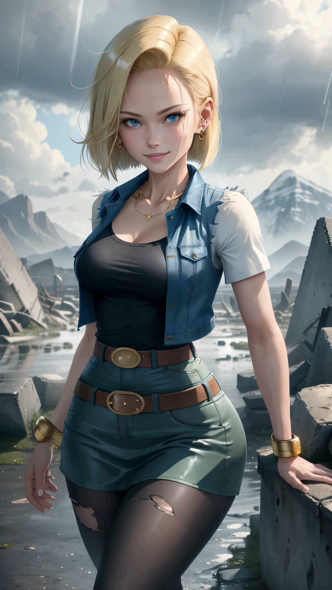best quality, highres, and18, 1girl, android 18, solo girl, 1girl, blonde hair, blue eyes, belt, tight blue demin skirt, gold_necklace, black shirt, short hair, long white sleeves, earrings, open vest, denim vest, medium breasts, cowboy shot, mountains, straight-on, (weather: raining and windy), wet body, sexy smile, combat stance, full length pantyhose, battle ruins, wide hips, thick legs, torn clothes,