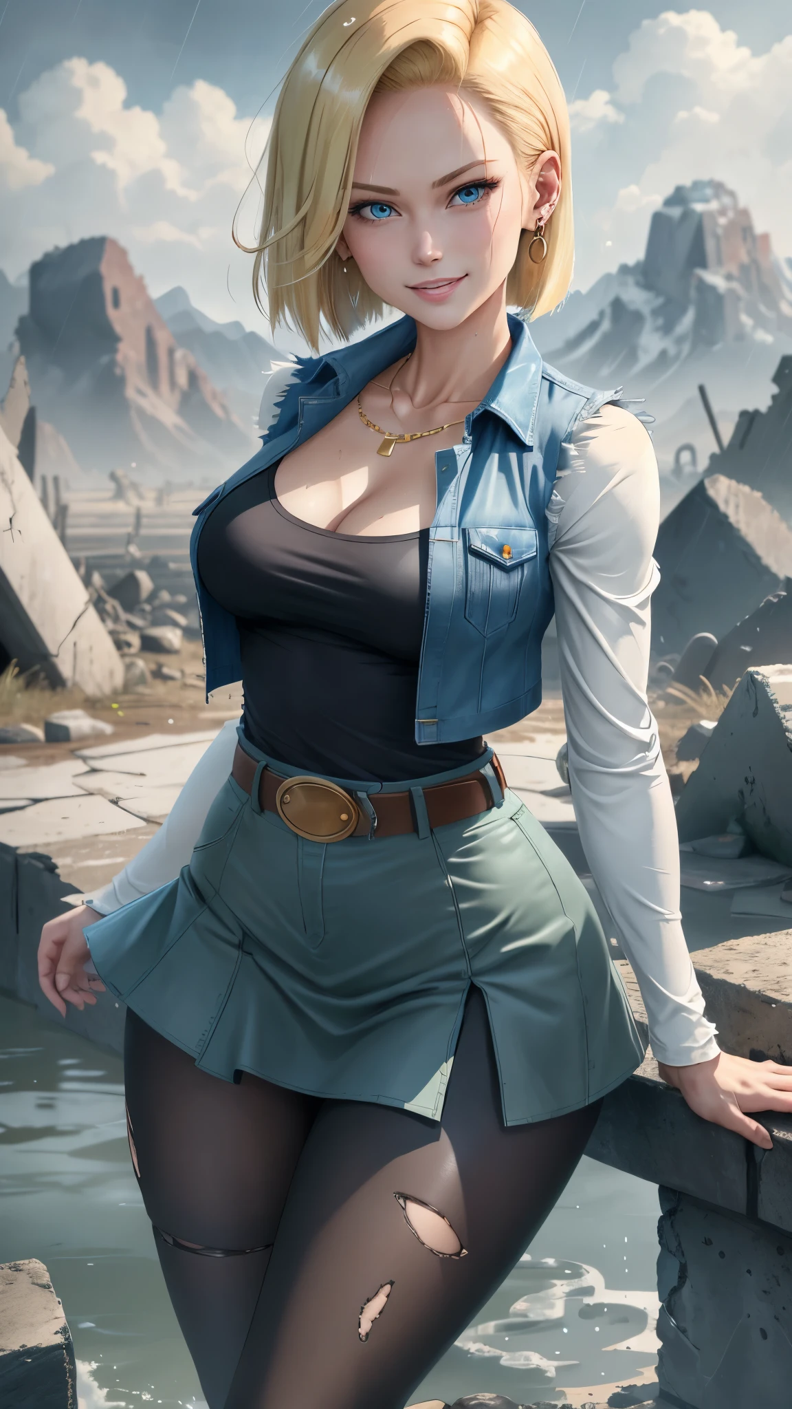 best quality, highres, and18, 1girl, android 18, solo girl, 1girl, blonde hair, blue eyes, belt, tight blue demin skirt, gold_necklace, black shirt, short hair, long white sleeves, earrings, open vest, denim vest, medium , cowboy shot, mountains, straight-on, (weather: raining and windy), wet body, sexy sm, combat stance, full length pantyhose,le ruins, wide hips, thick legs, torn clothes,