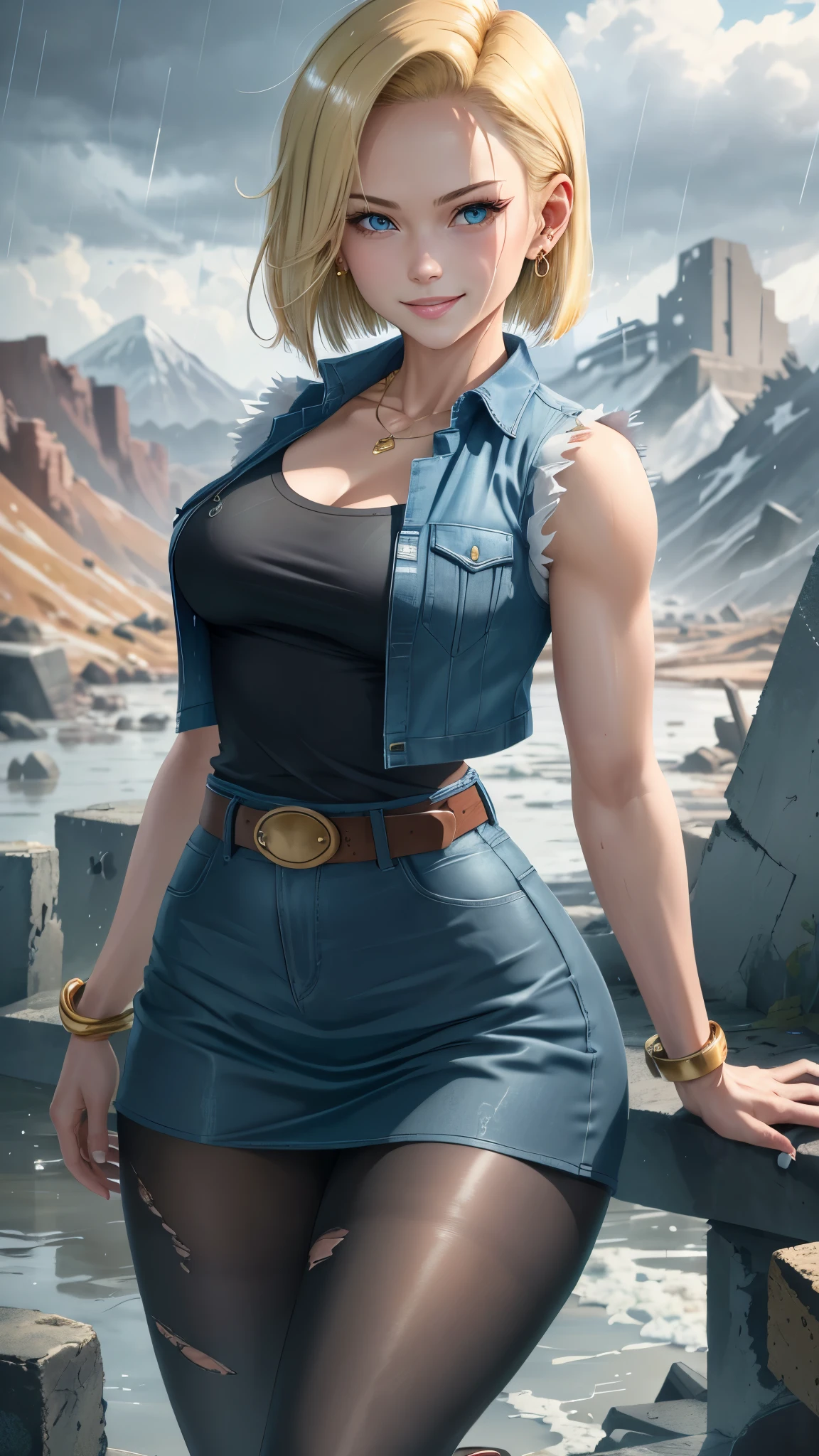 best quality, highres, and18, 1girl, android 18, solo girl, 1girl, blonde hair, blue eyes, belt, tight blue demin skirt, gold_necklace, black shirt, short hair, long white sleeves, earrings, open vest, denim vest, medium breasts, cowboy shot, mountains, straight-on, (weather: raining and windy), wet body, sexy smile, combat stance, full length pantyhose, battle ruins, wide hips, thick legs, torn clothes,