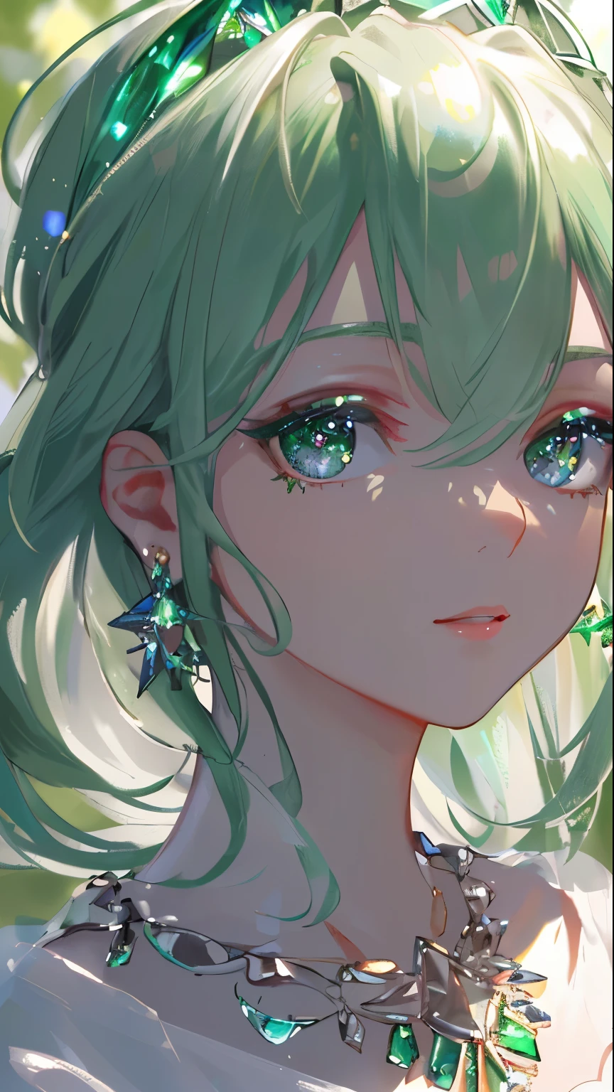 masterpiece, highest quality, figure, green, platinum earrings, Platinum Necklace, white dress, 1 girl, cute, (dynamic lighting:1.2), cinematic lighting, delicate features, fine eyes, sharp pupils, good shape big breasts, realistic student, Depth of bounds written, Bokeh, sharp focus, (very detailed, bloom, shine:1.4), Many Small Gems