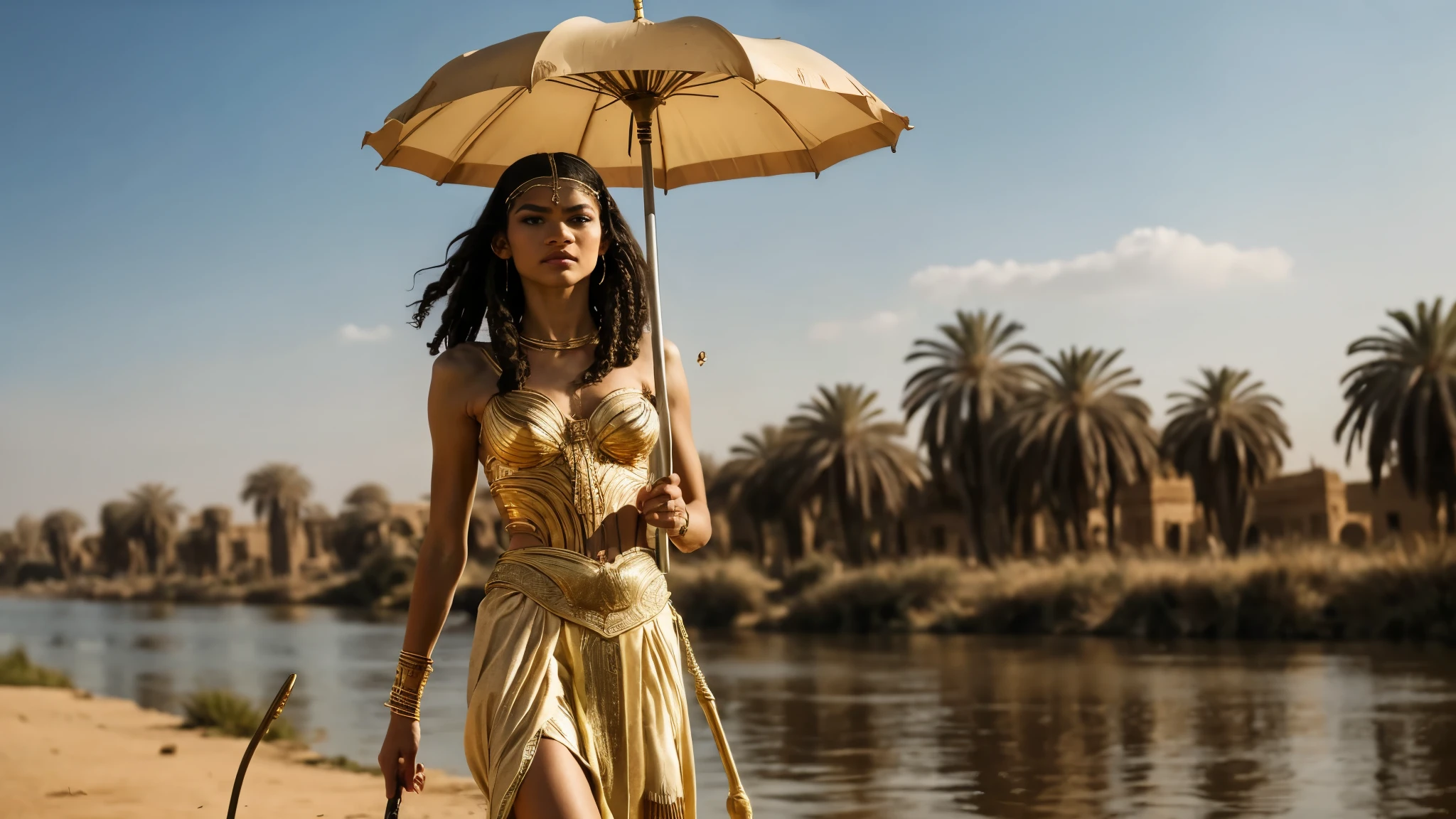 zendaya portrayed as Cleopatra, serious look, walking alone along the banks of the ancient Nile River during the day,with a golden parasol in his hands protecting himself from the sun,phothotorealistic scene, dramatic, cinematic, 4k resolution, hyperdetailed, dramatic scene, full body angle view, front view