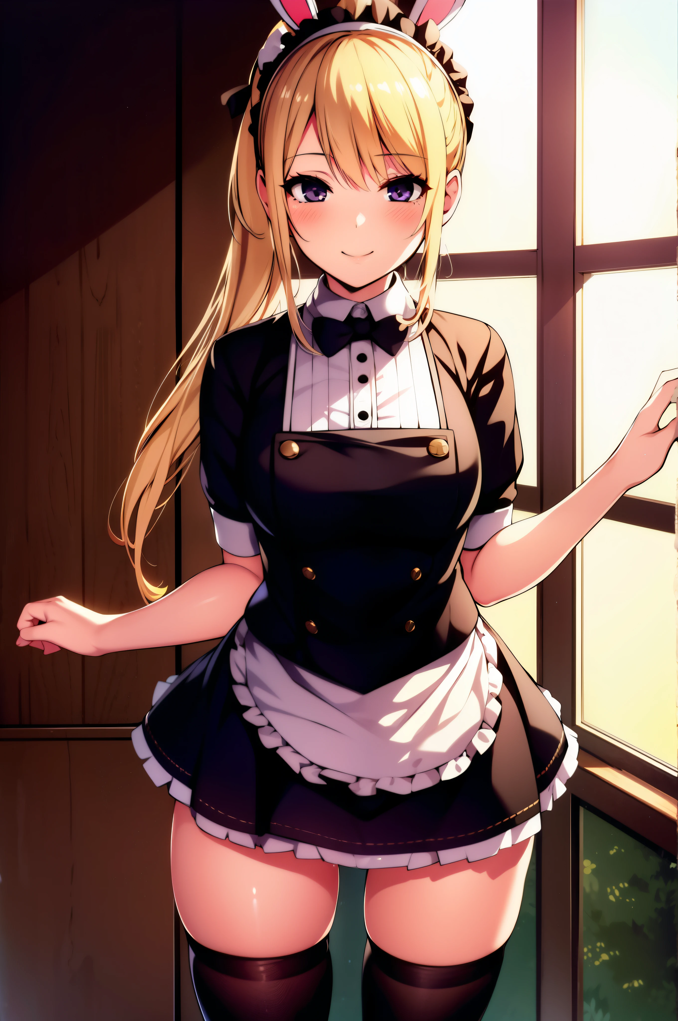 photorealistic, highres, detailed, cinematic composition,cute woman with maid outfit, cafe, black bunny ear band, blond hair, ponytail, embarrassed smile, blush, hold skirt, mini skirt,