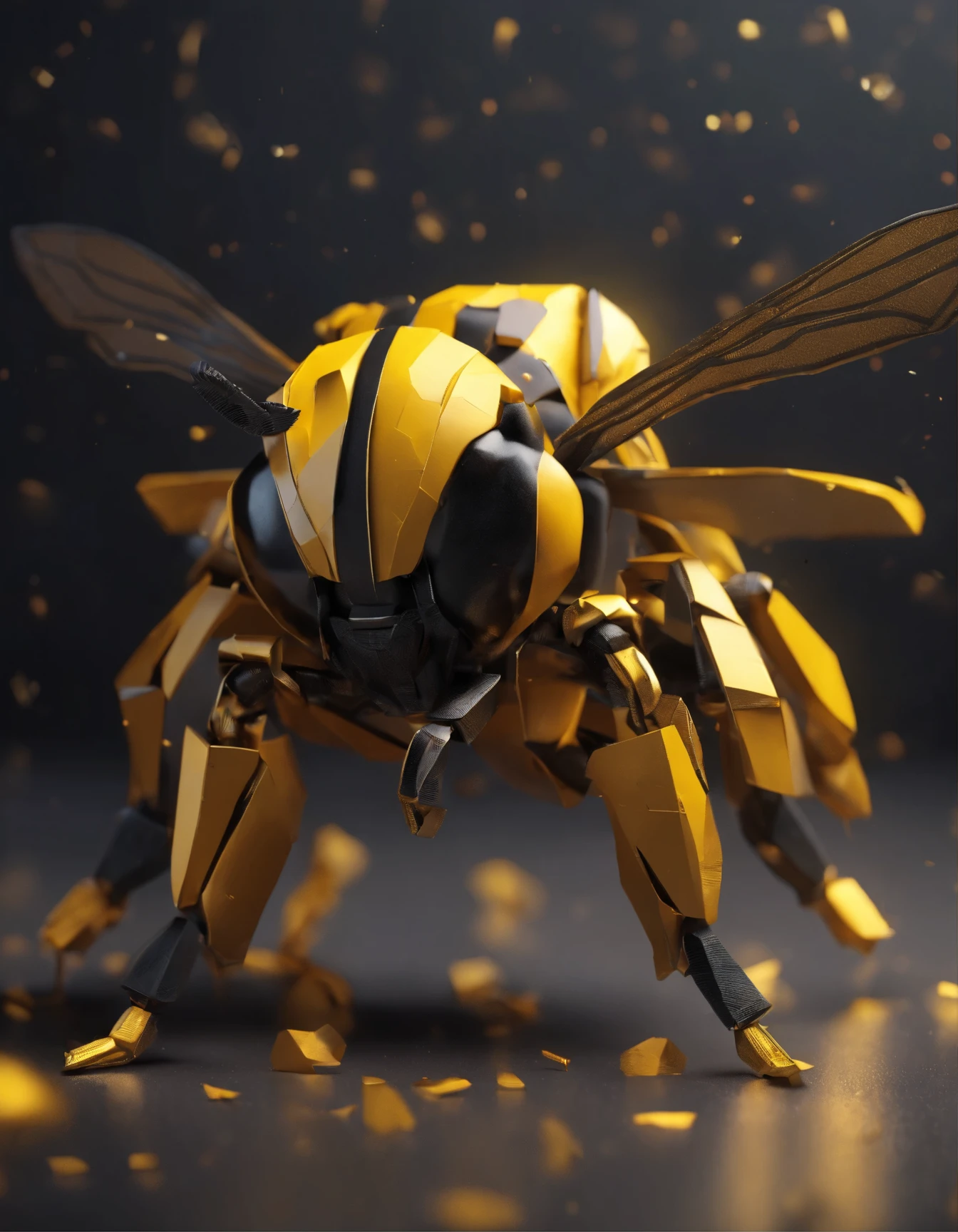 Bumblebee made of paper origomi, hammered metal atyle, cinematic light, golden particles, shallow depth of field, dark theme, black background