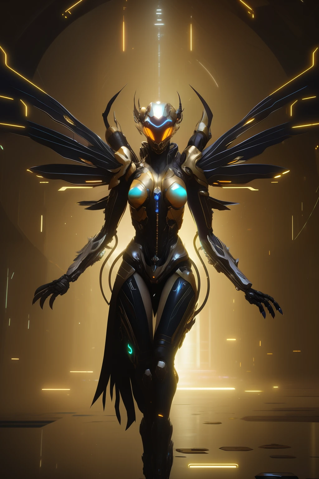 arafed woman in a futuristic suit with wings and glowing eyes, cyborg wasp, cyberpunk cyborg wasp, unreal engine render + a goddess, of a beautiful female warframe, cyberpunk bee, insectoid, human structure bee concept art, inspired by Marek Okon, of a beautiful saryn warframe, futuristic robot angel, cgsociety 8k, cgsociety 8k