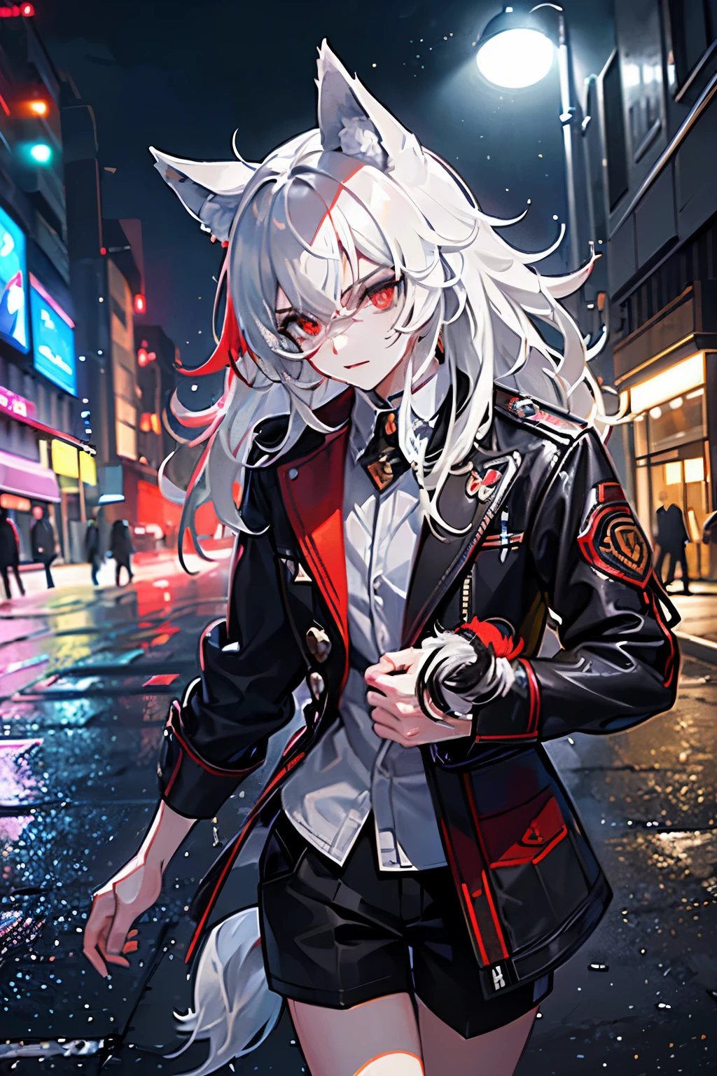 (improved details, high quality), hairy wolf, young face, walk around town,male (at night, Brilliant lights, urban envrionment), (dynamic cropping, there was a fierce expression on his face, messy hair), (bright red eyes, Detailed content), (Colorful spots, Wet street), (Notice the wolf's head), (Bright focus in the eyes).