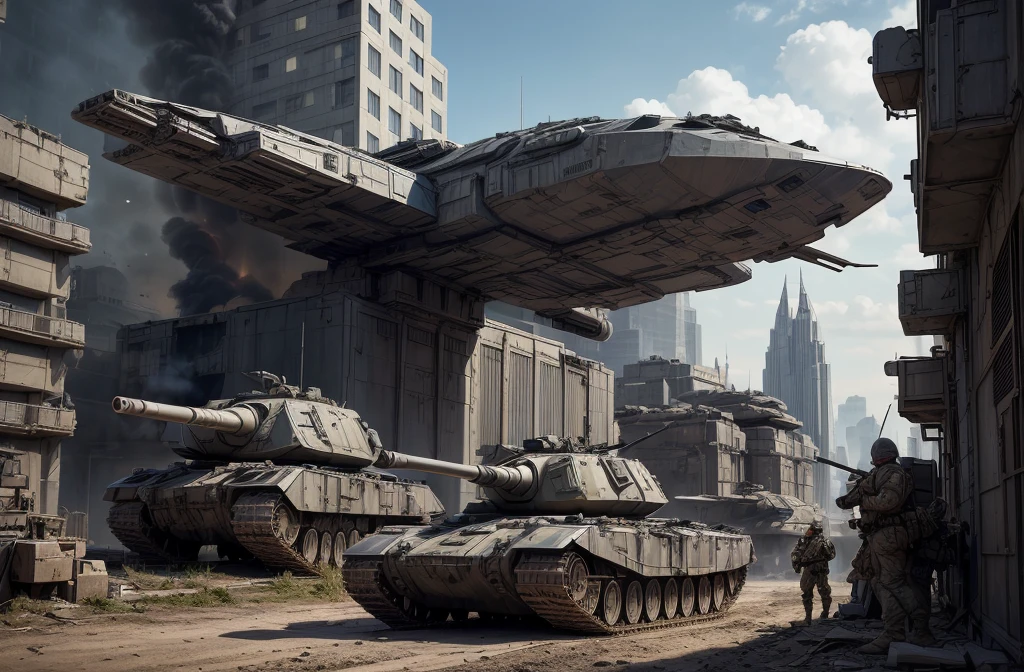 there is a large a garden that is sitting in the dirt, m 1 abrams a garden, a garden, class a garden, realistic Military equipment, futuristic battle a garden, by Artur Tarnowski, a gardens, a garden has a large solid cannon, Rendering, massive a garden, Military equipment, a garden class, Digital painting, Armored vehicles of the USSR, CONCEPT ART-N 640, Military equipment, Ultra-realistic 16K CG, masterpiece, Best Composition, Photo quality, work of art, a lot of details, 8K, very detailed, one character, distant fantasy, cyberpunk, huge tank, tank gun parallel to the ground, against the backdrop of a beautiful futuristic fantasy city in the style of Coruscant from Star Wars by John Lucas, war, there is a battle going on, the city is attacked by sky dreadnoughts, fire from the sky, Explosions, buildings are burning,