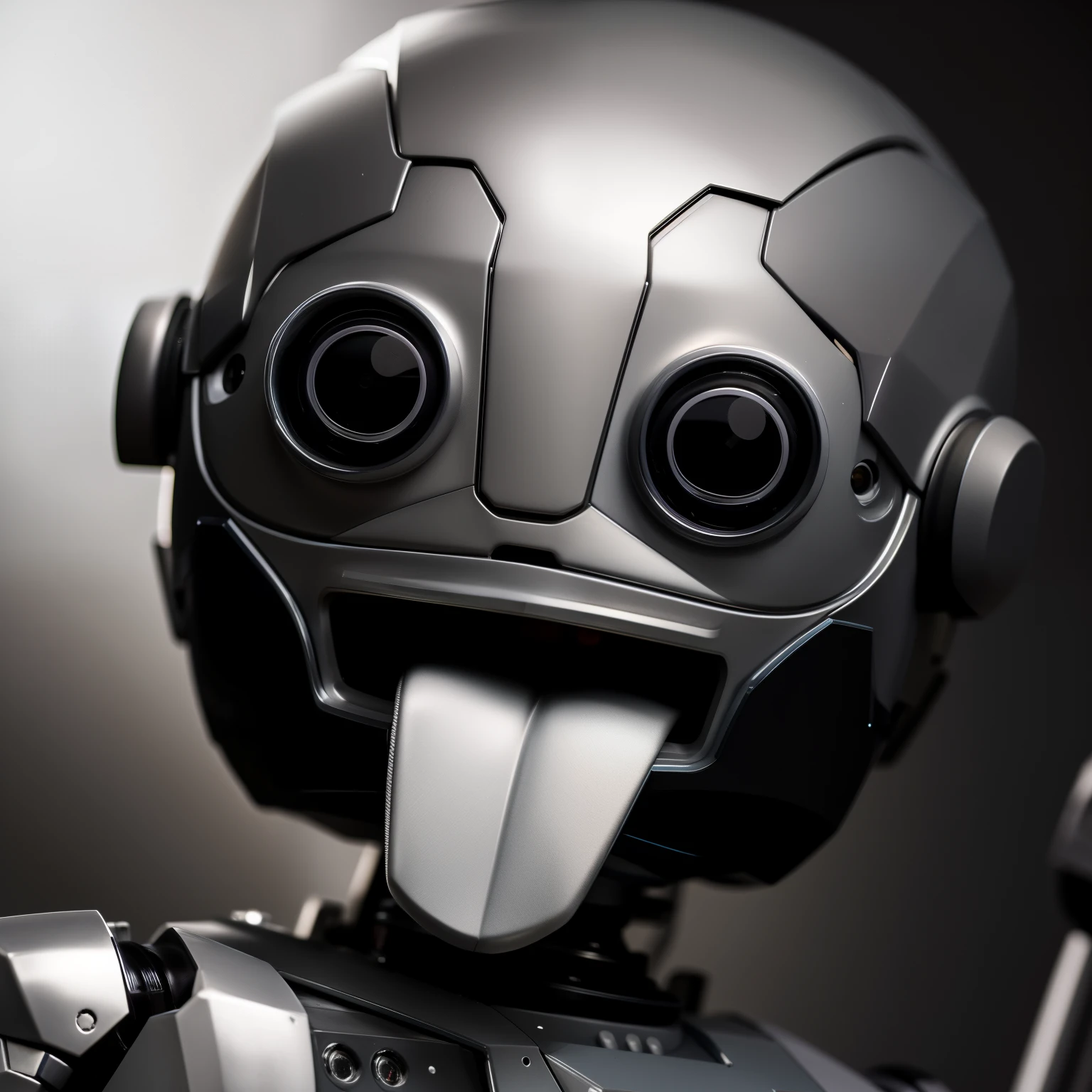 A closeup of a robot with a tongue sticking out, robot photography, robot with human face, Roubo de Einstein, robot portrait, close-up of a robot sitting down, happy robot, portrait of a robot, Robot face, Face detalhada de um androide, robotic face, cute robot, friendly robot, humanoid robot close up, evil robot, super cute robot face, adorable friendly robot