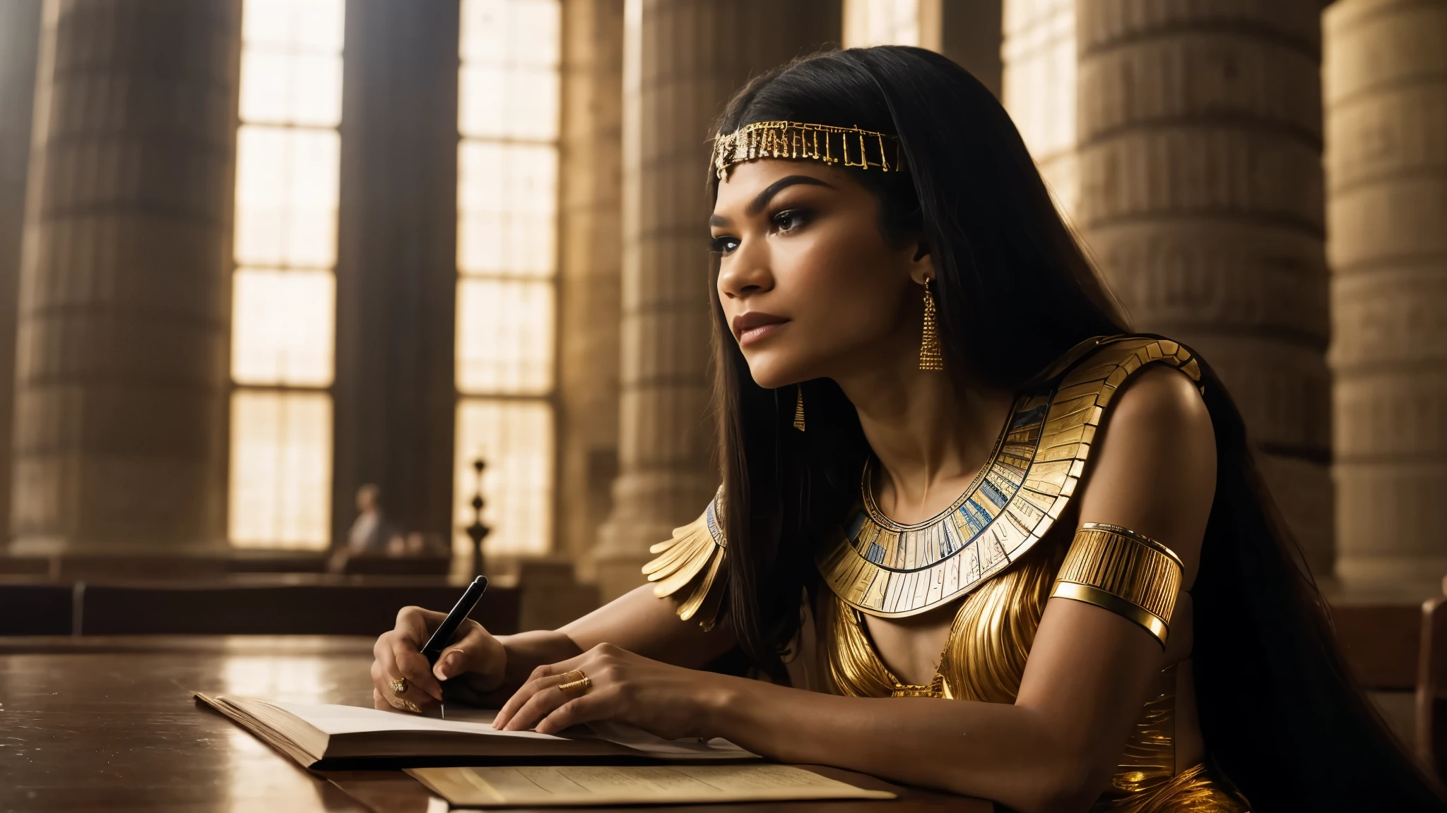 zendaya portrayed as Cleopatra, sitting at a large table adorned with gold studying papyri in a large papyrus library from ancient Egypt,phothotorealistic scene, dramatic, cinematic, 4k resolution, hyperdetailed, dramatic scene, full body angle view, front view
