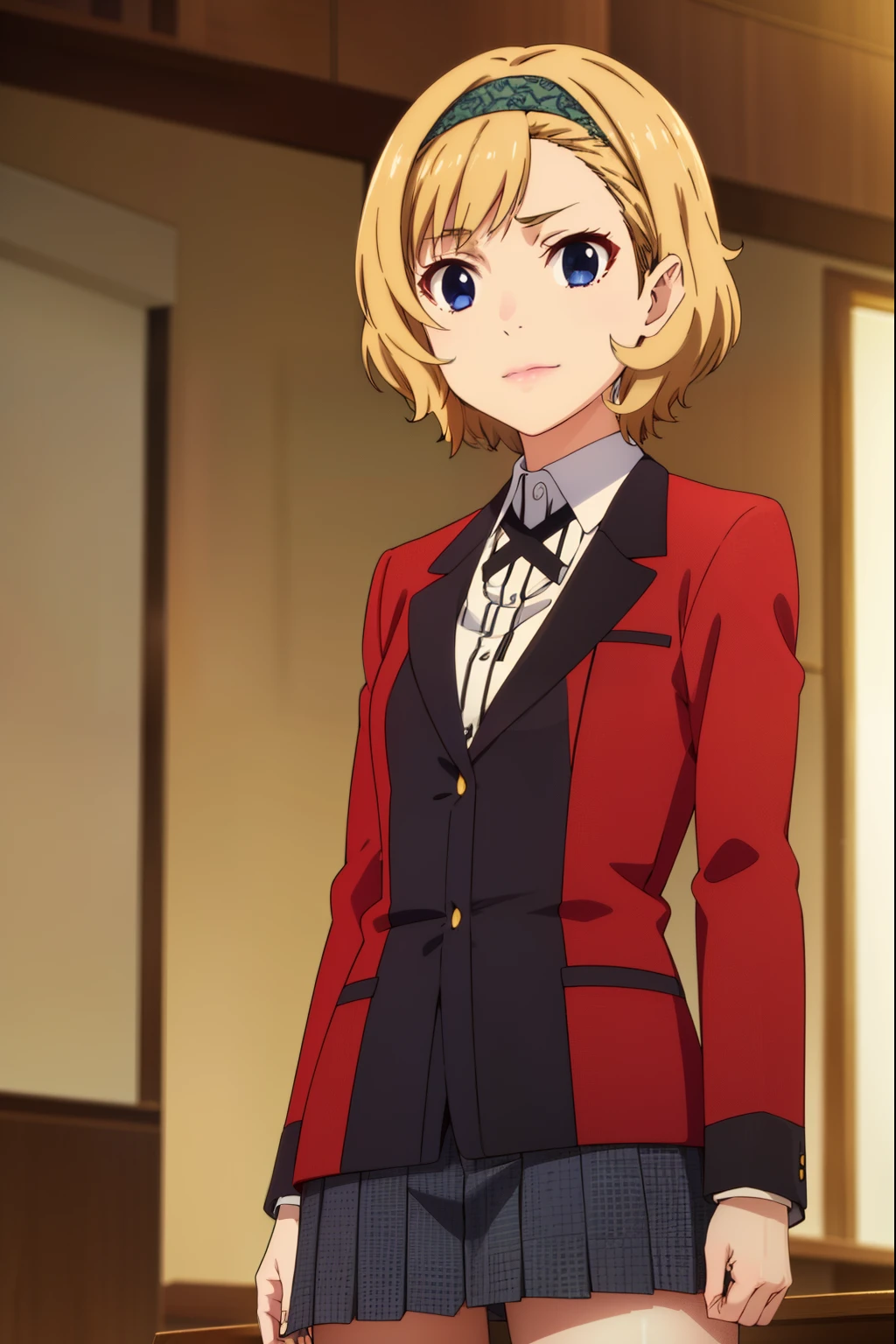 itsukisumeragi, itsuki sumeragi, short hair, blue eyes, blonde hair, braid, hairband, smile,
BREAK skirt, shirt, school uniform, jacket, white shirt, pleated skirt, collared shirt, black skirt, blazer, (red jacket:1.5),
BREAK indoors, classroom,
BREAK looking at viewer, (cowboy shot:1.5),
BREAK (masterpiece:1.2), best quality, high resolution, unity 8k wallpaper, (illustration:0.8), (beautiful detailed eyes:1.6), extremely detailed face, perfect lighting, extremely detailed CG, (perfect hands, perfect anatomy),