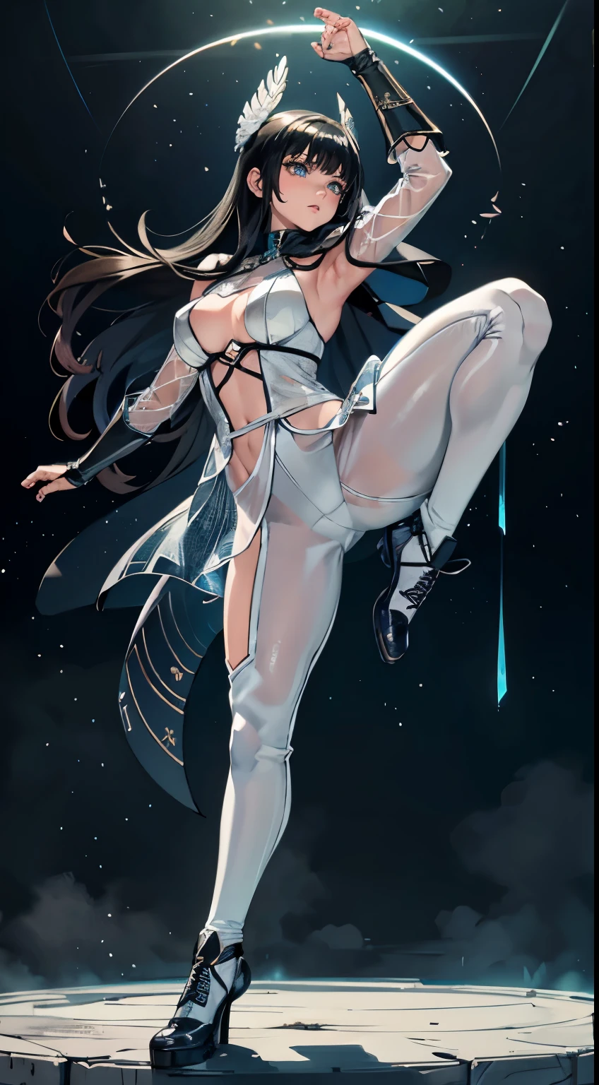 magepunk, armored lingerie, revealing football pads, cape, receiver, Ultra High Definition, Maximum Resolution, Very Detailed, Clean Skin, Anime, Full Body, (See-through:1.5), Masterpiece, Best Quality, fighting pose, dynamic pose, Ultra High Definition, Maximum Resolution, Masterpiece; a beautiful urban female model, magepunk, priestess, full body white transparent clothes standing under empty night stars, disappearing transparent pants